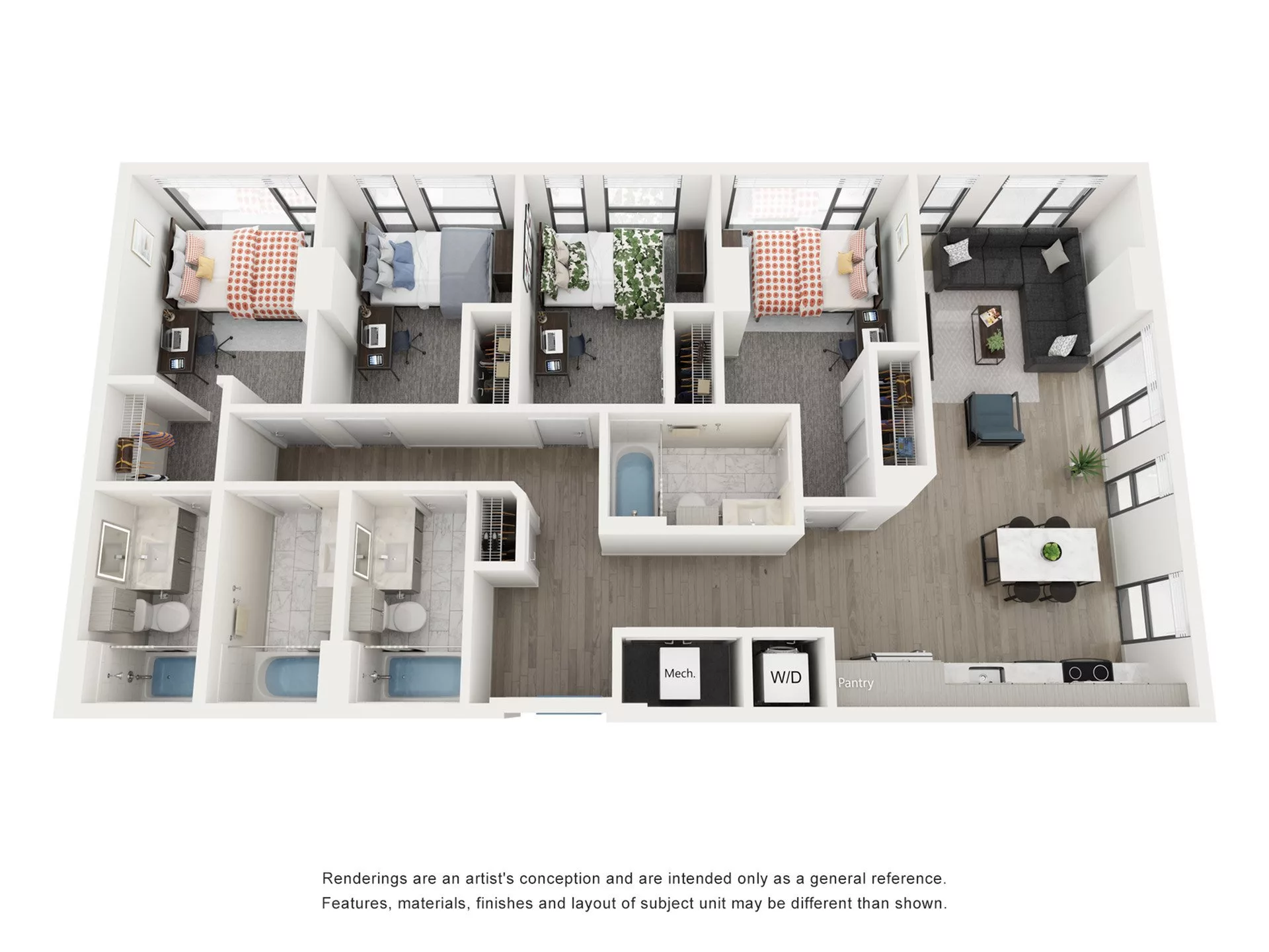 Rendering of the Opal A - 4BR/4BA floor plan with 4 bedroom[s] and 4 bathroom[s] at Lapis