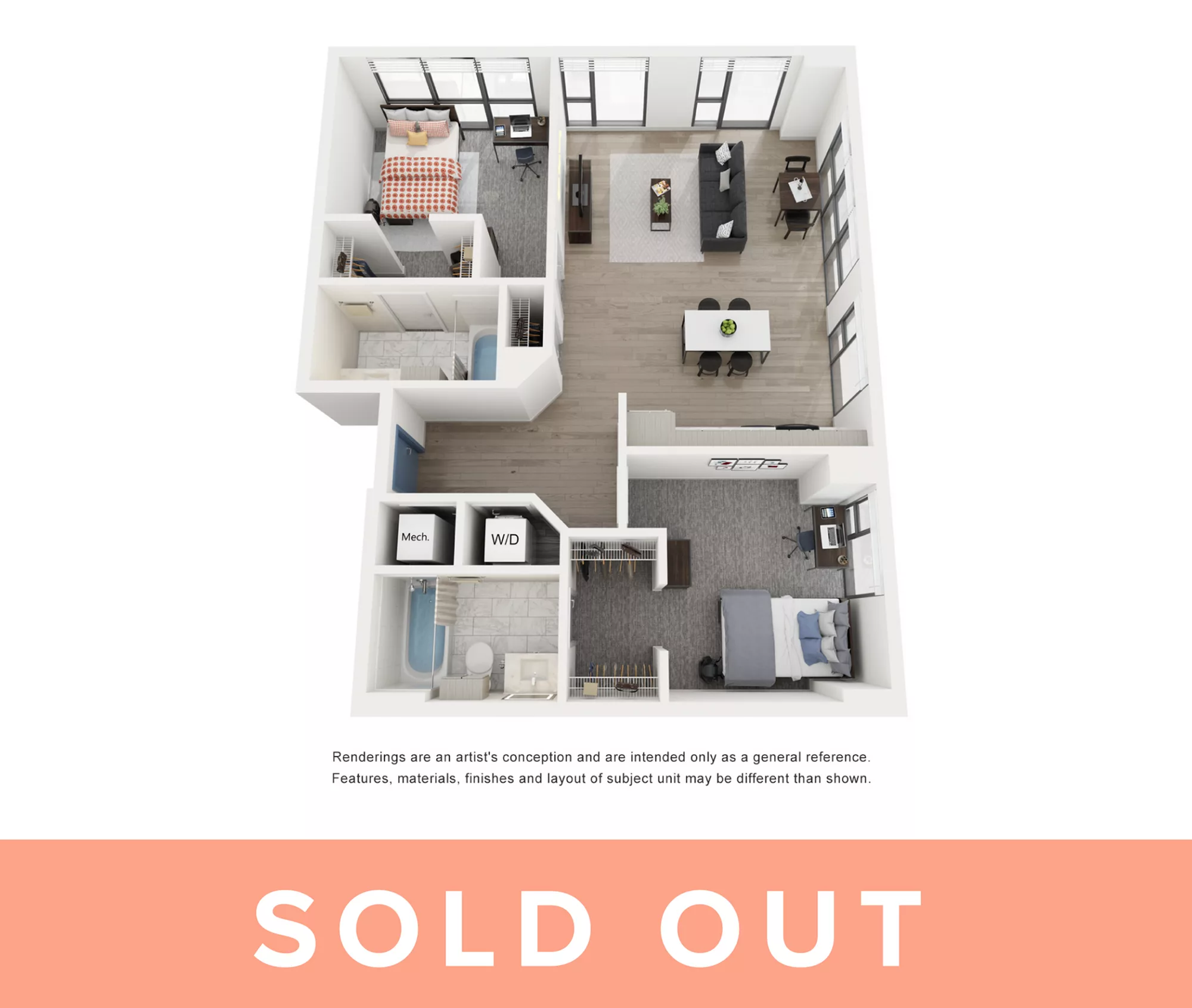 Rendering of the Cobalt - 2BR/2BA floor plan with 2 bedroom[s] and 2 bathroom[s] at Lapis