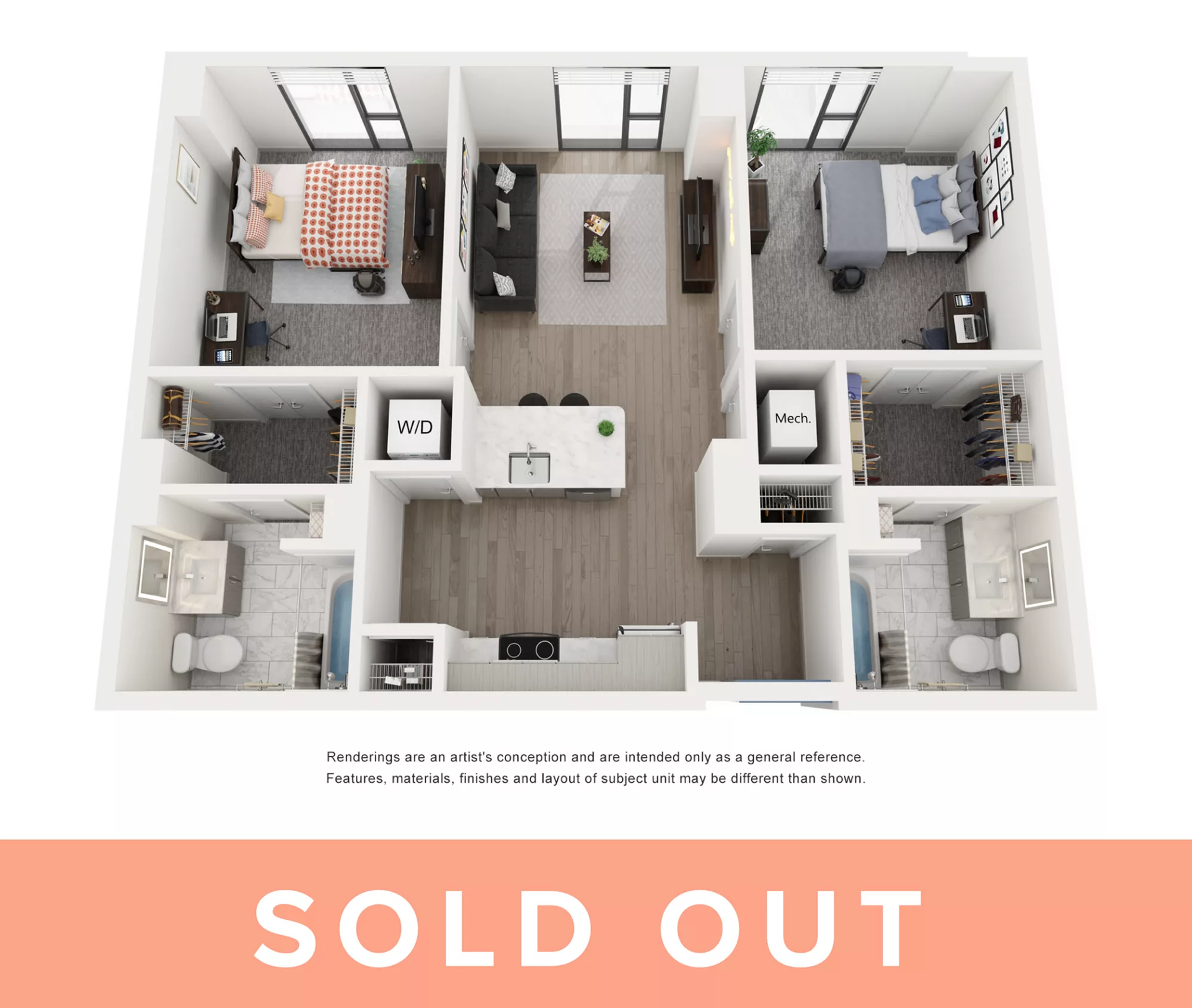 Rendering of the Capri C - 2BR/2BA floor plan with 2 bedroom[s] and 2 bathroom[s] at Lapis
