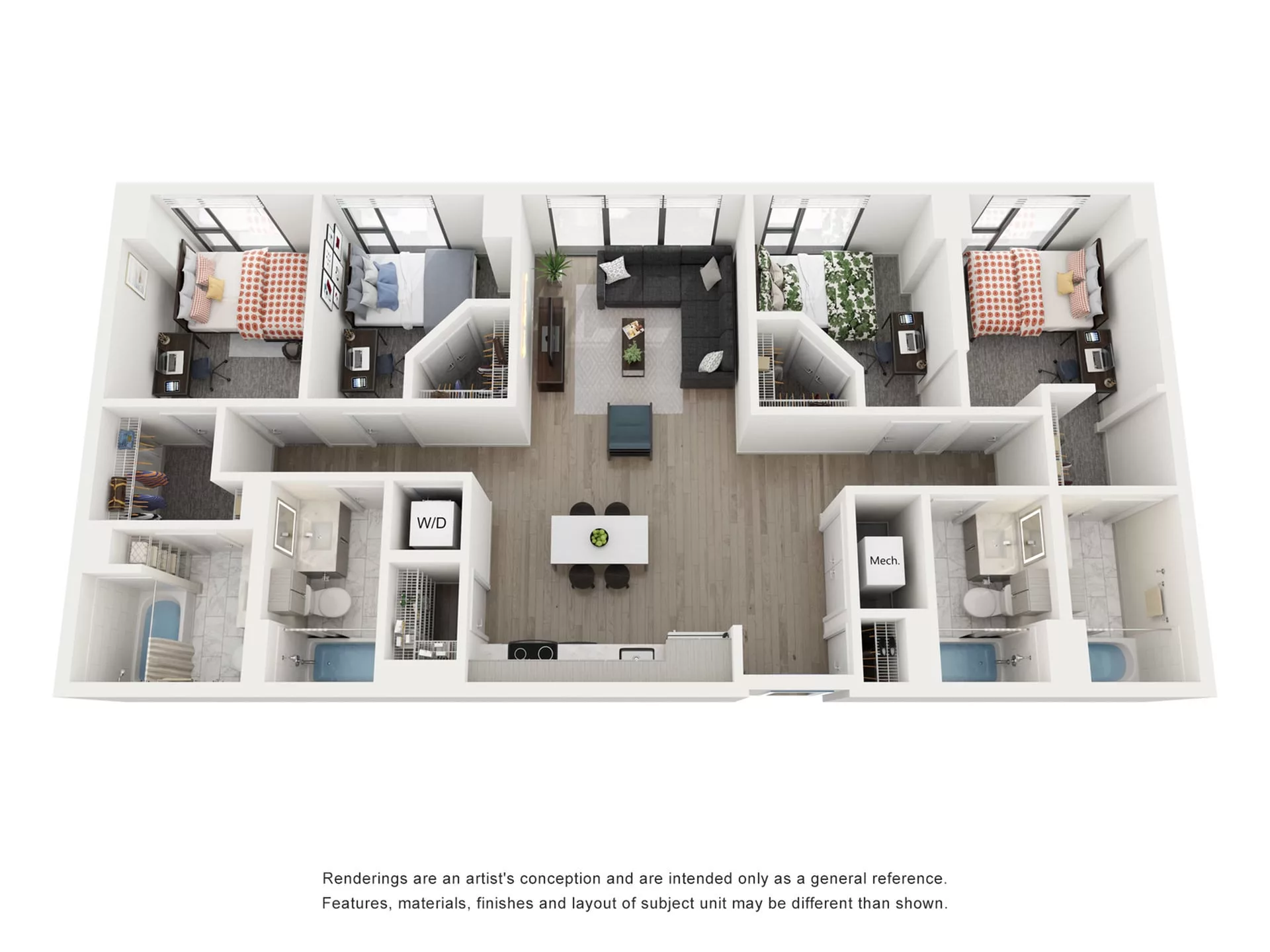 Rendering of the Indigo B - 4BR/4BA floor plan with 4 bedroom[s] and 4 bathroom[s] at Lapis