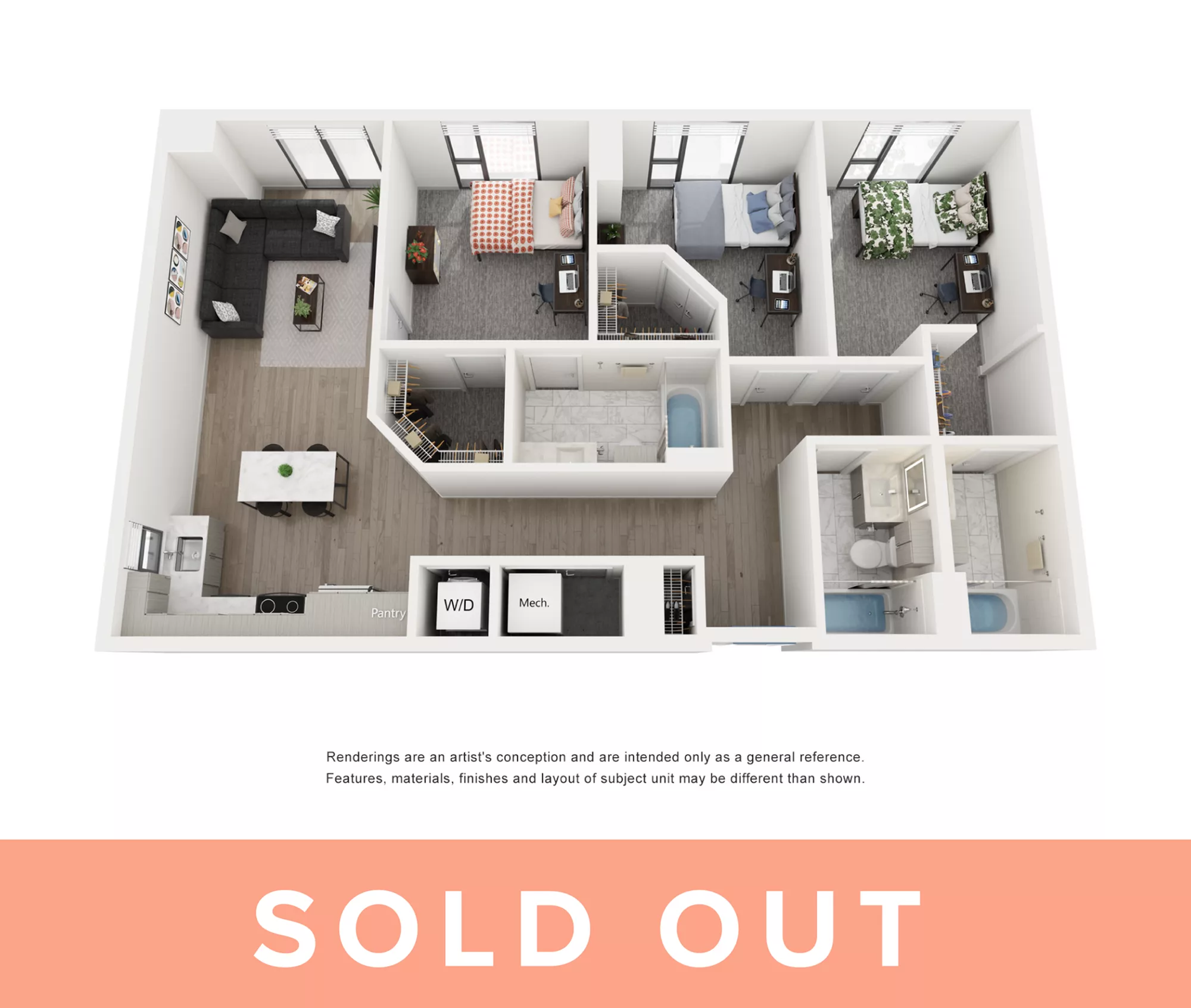 Rendering of the Ibizia B - 3BR/3BA floor plan with 3 bedroom[s] and 3 bathroom[s] at Lapis