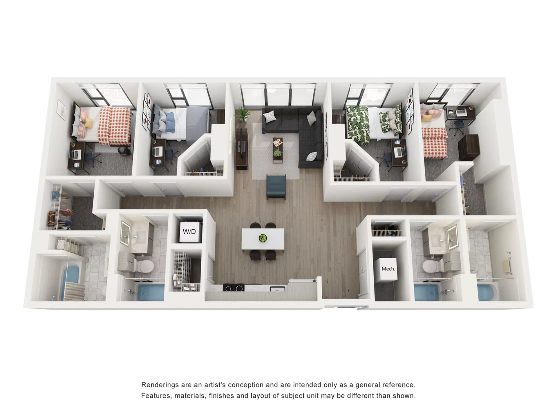Rendering of the Indigo A- 4BR/4BA floor plan with 4 bedroom[s] and 4 bathroom[s] at Lapis