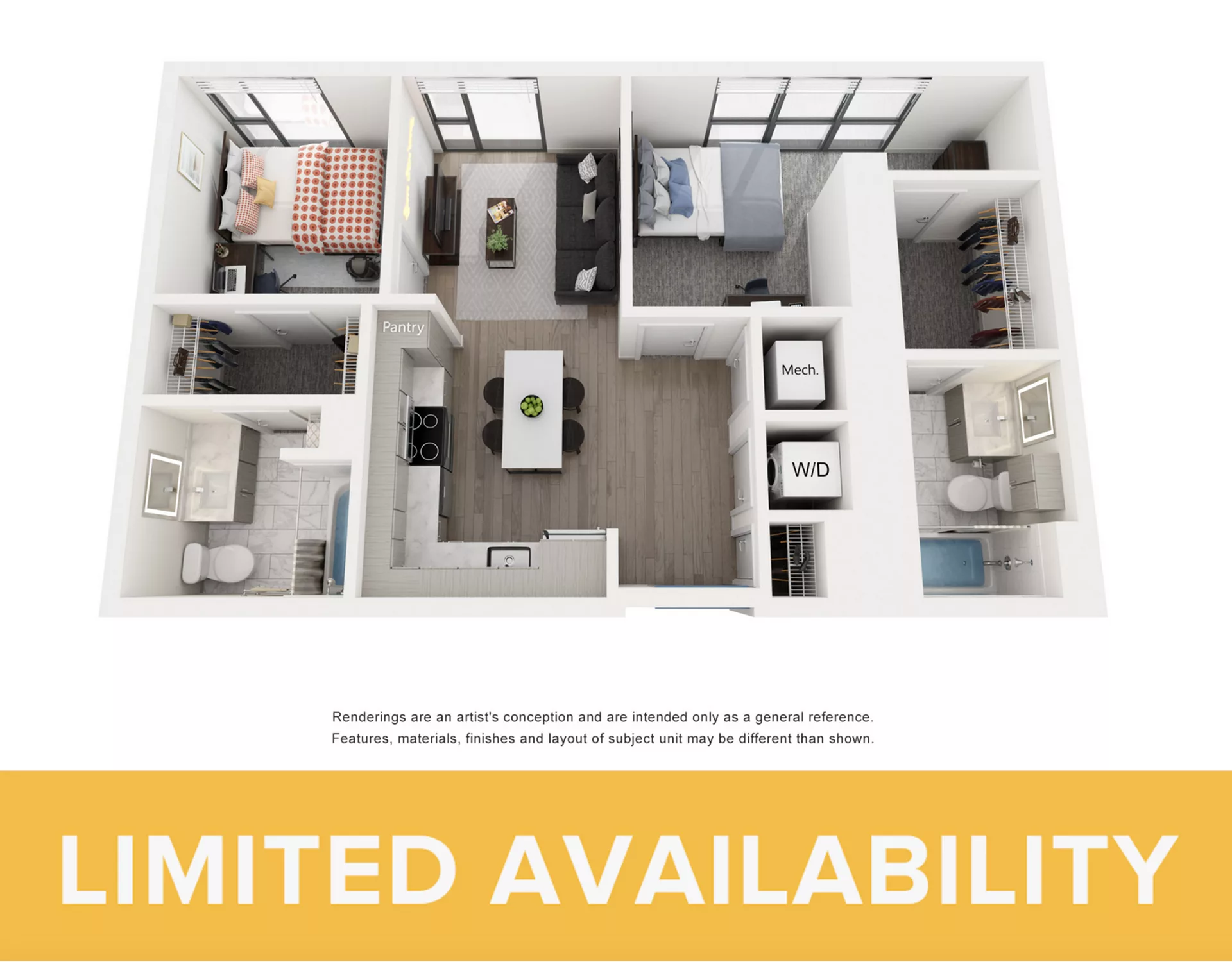 Rendering of the Celestial - 2BR/2BA floor plan with 2 bedroom[s] and 2 bathroom[s] at Lapis