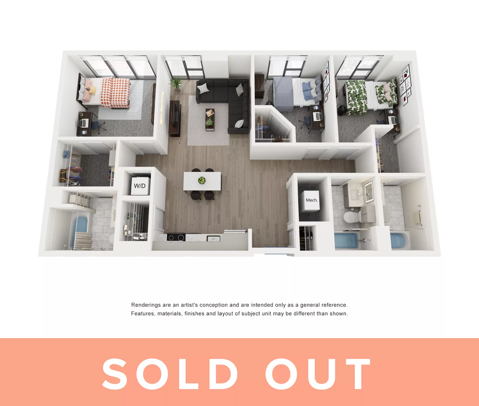 Rendering of the Ibizia C - 3BR/3BA floor plan with 3 bedroom[s] and 3 bathroom[s] at Lapis