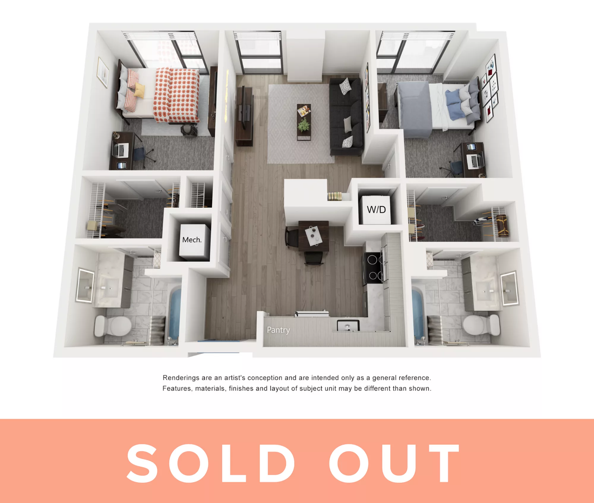 Rendering of the Capri B - 2BR/2BA floor plan with 2 bedroom[s] and 2 bathroom[s] at Lapis