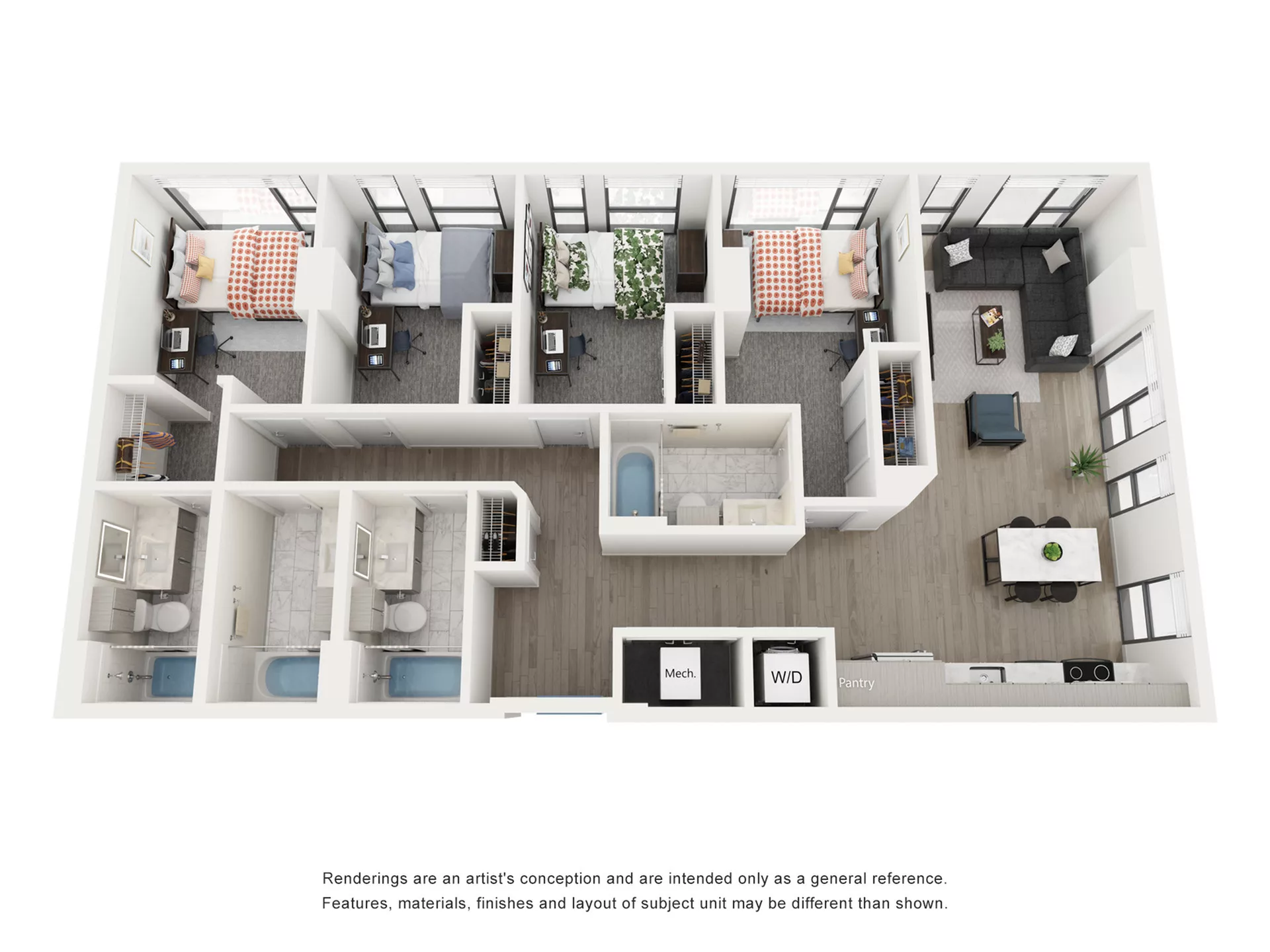 Rendering of the Opal A - 4BR/4BA floor plan with 4 bedroom[s] and 4 bathroom[s] at Lapis