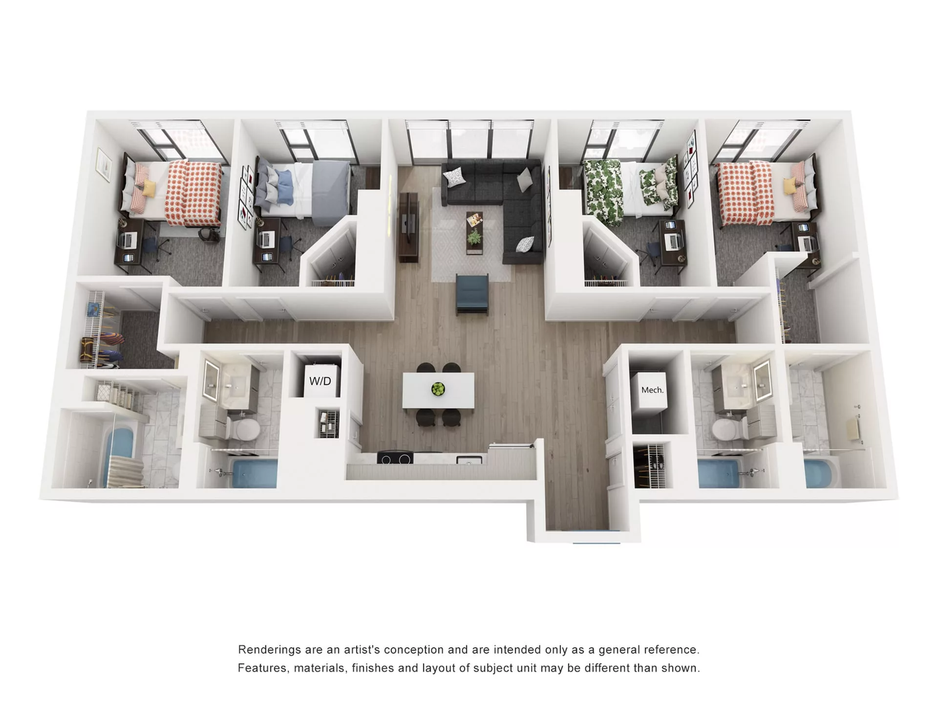 Rendering of the Indigo D - 4BR/4BA floor plan with 4 bedroom[s] and 4 bathroom[s] at Lapis