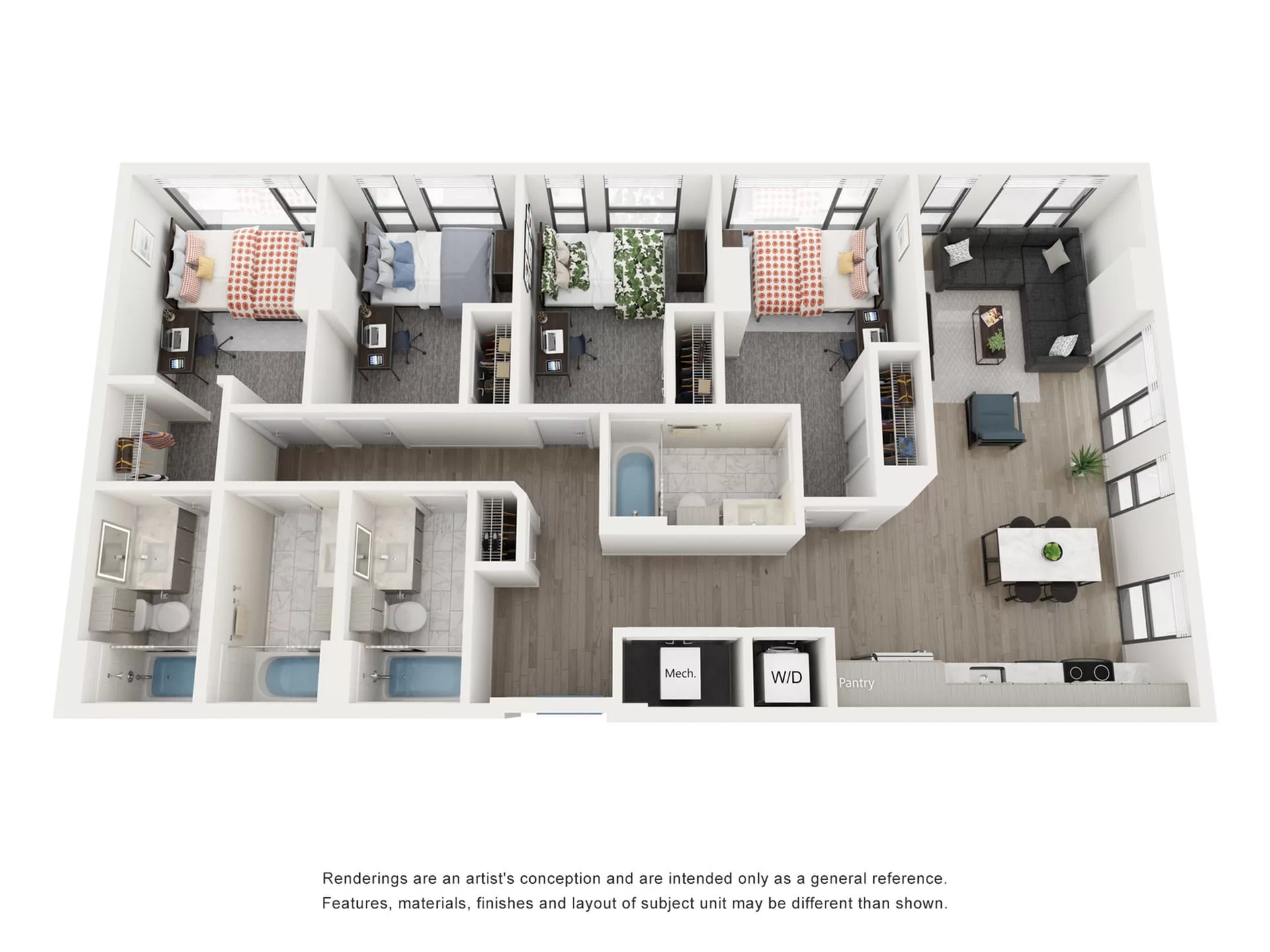 Rendering of the Opal A - 4BR/4BA floor plan with 4 bedroom[s] and 4 bathroom[s] at Lapis