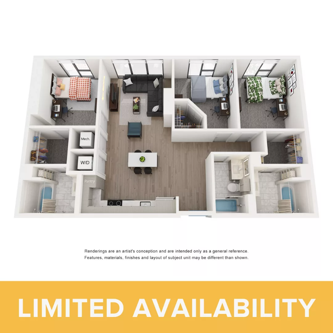 Rendering of the Ibizia A - 3BR/3BA floor plan with 3 bedroom[s] and 3 bathroom[s] at Lapis