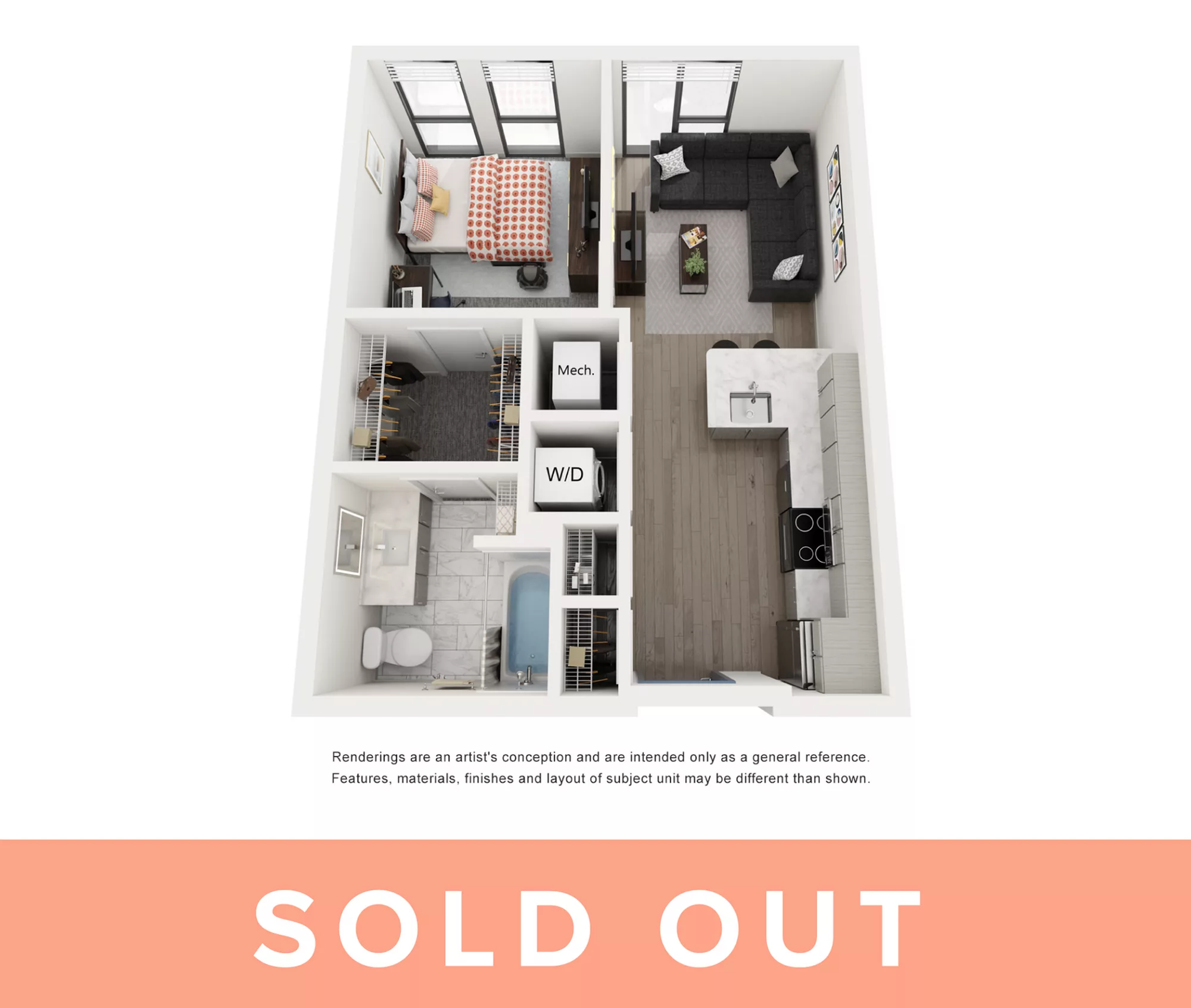 Rendering of the Azul - 1BR/1BA floor plan with 1 bedroom[s] and 1 bathroom[s] at Lapis
