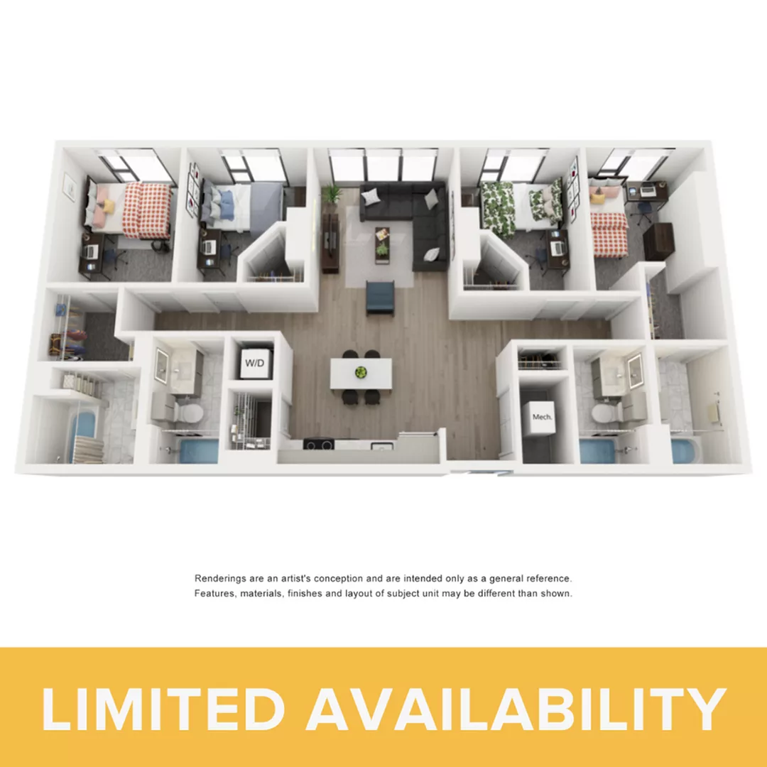 Rendering of the Indigo A- 4BR/4BA floor plan with 4 bedroom[s] and 4 bathroom[s] at Lapis