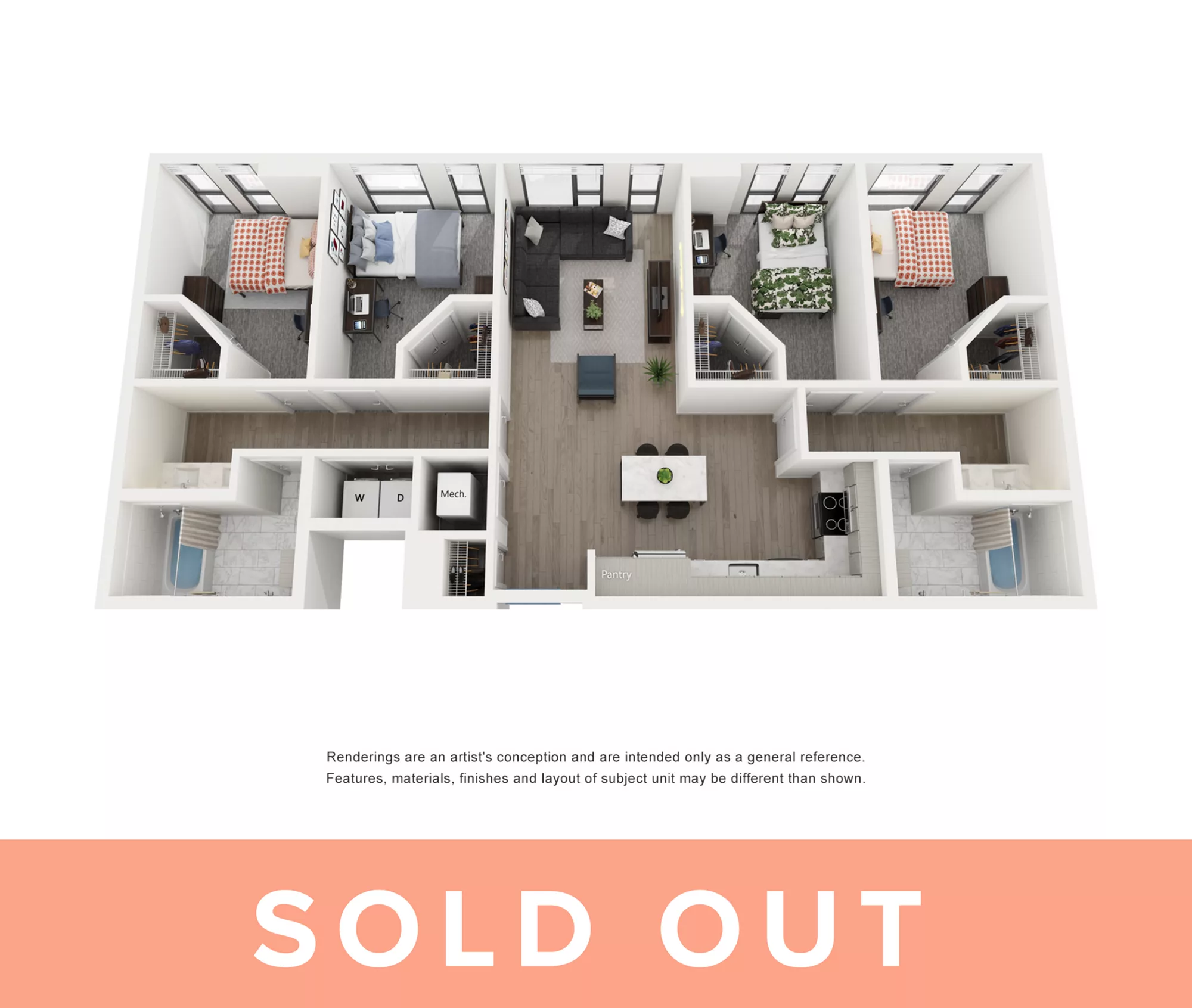 Rendering of the Maya -4BR/2BA floor plan with 4 bedroom[s] and 2 bathroom[s] at Lapis