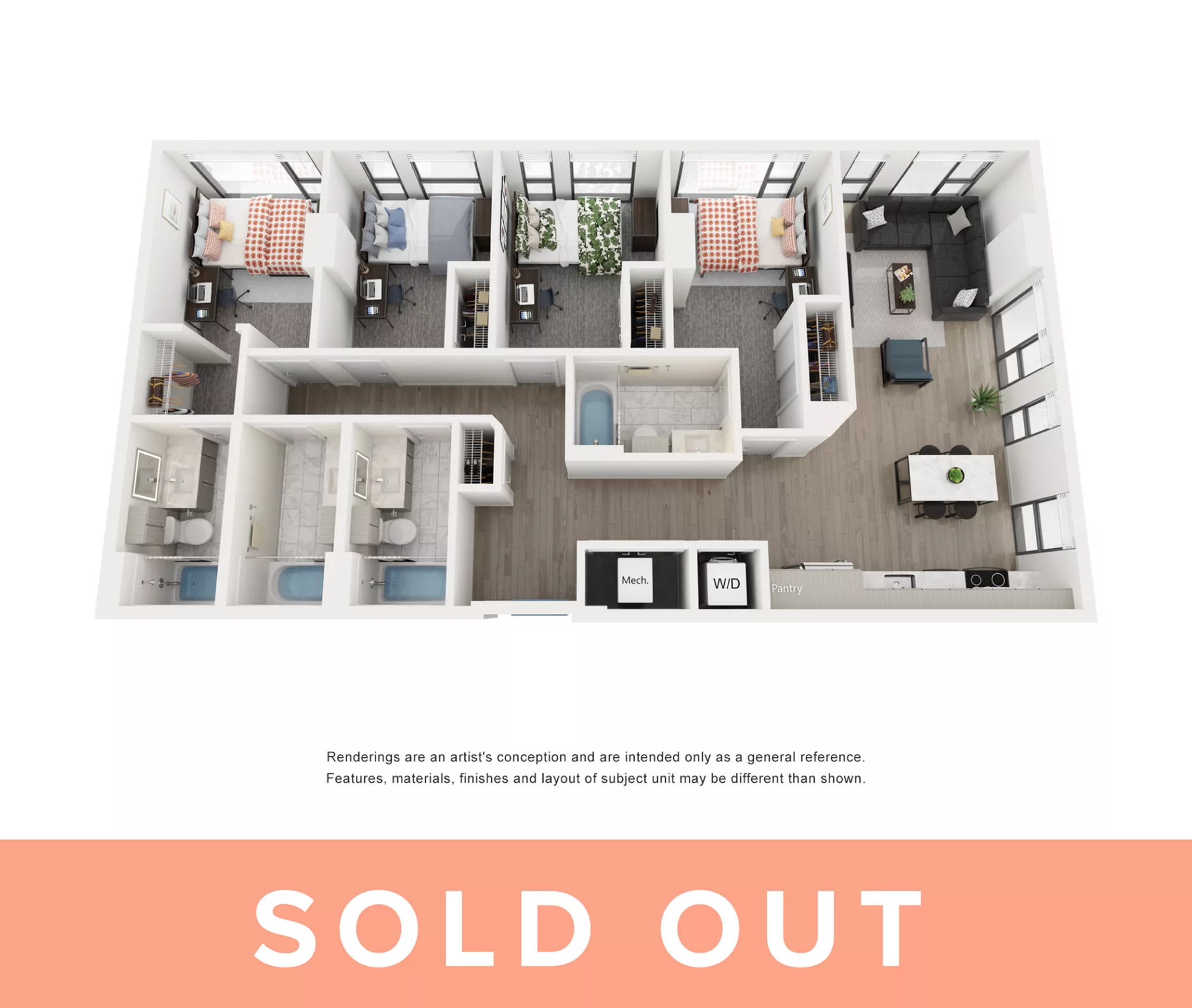 Rendering of the Opal A - 4BR/4BA floor plan with 4 bedroom[s] and 4 bathroom[s] at Lapis
