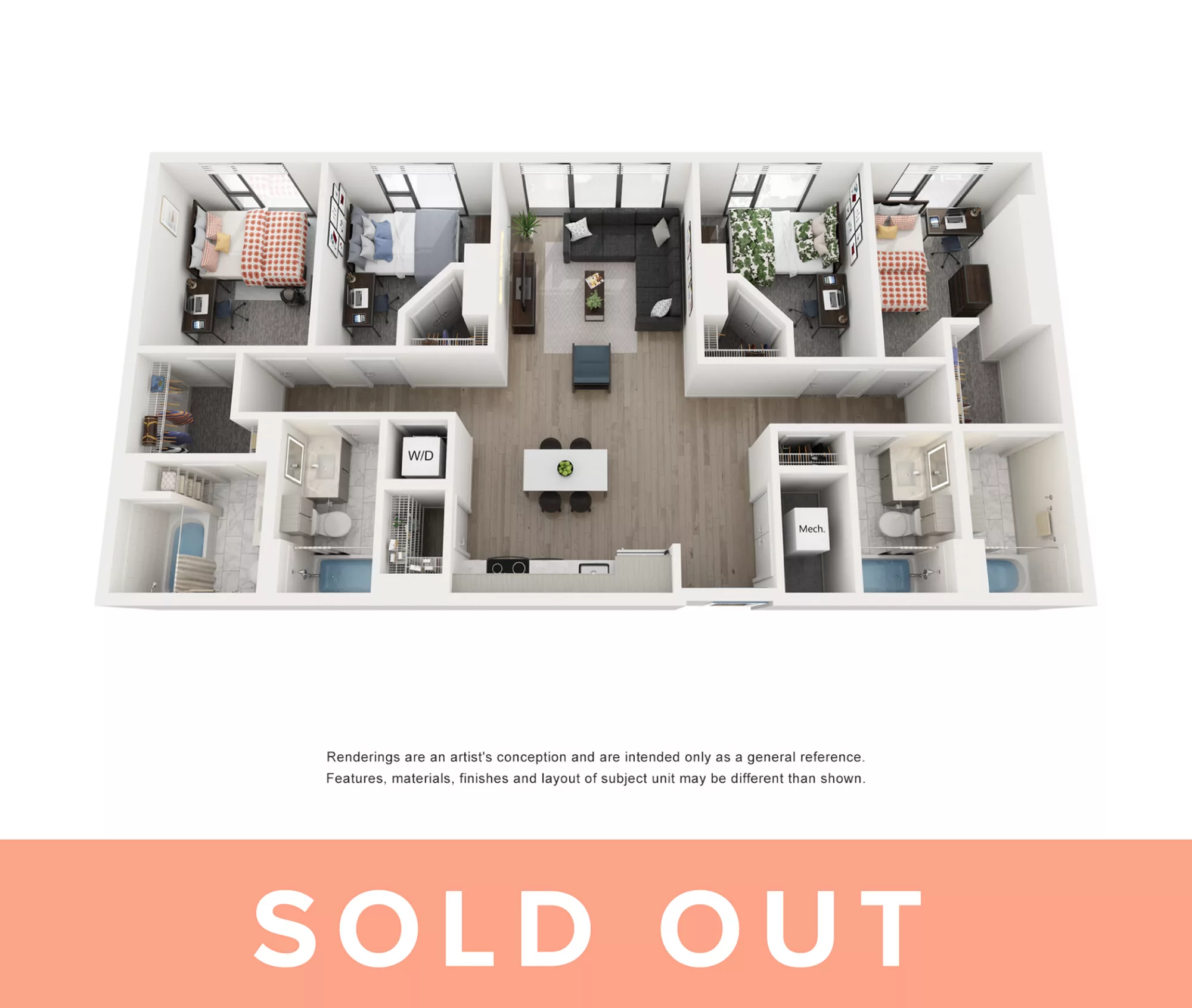 Rendering of the Indigo A- 4BR/4BA floor plan with 4 bedroom[s] and 4 bathroom[s] at Lapis