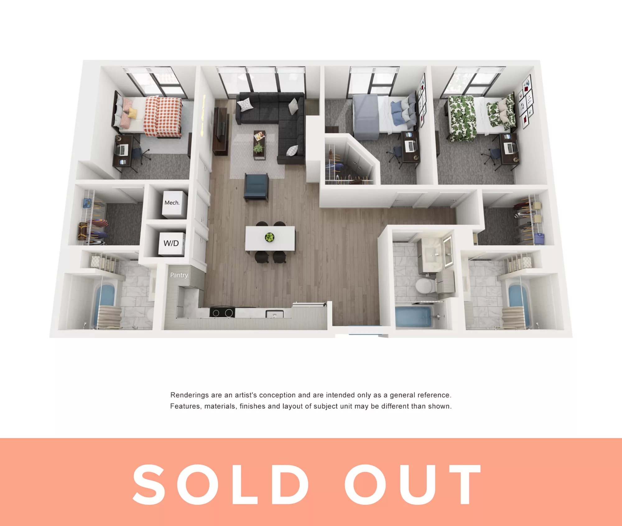 Rendering of the Ibizia A - 3BR/3BA floor plan with 3 bedroom[s] and 3 bathroom[s] at Lapis