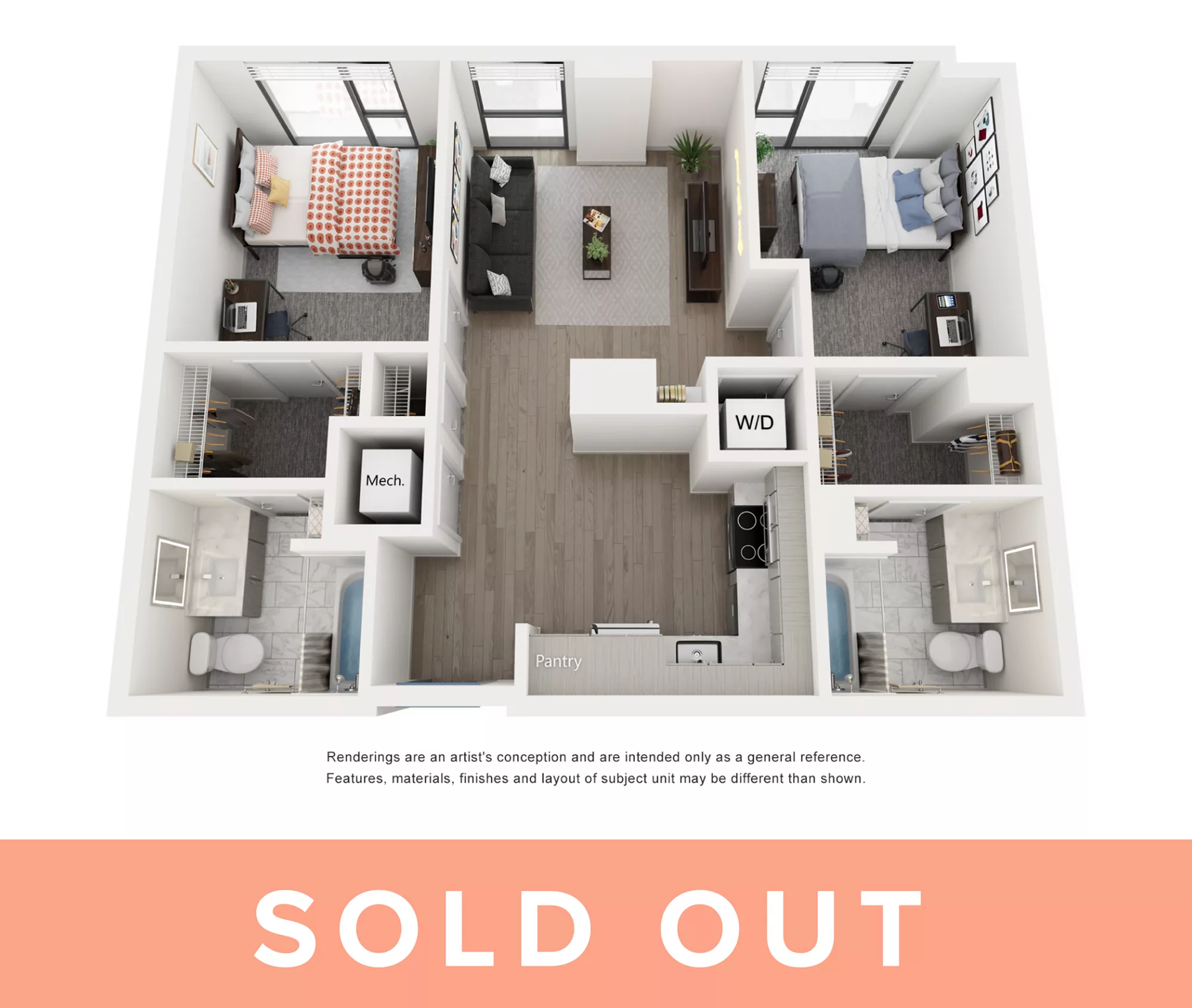 Rendering of the Capri A - 2BR/2BA floor plan with 2 bedroom[s] and 2 bathroom[s] at Lapis