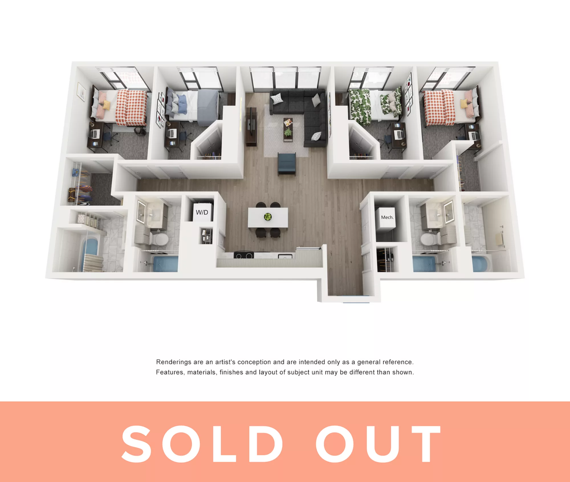Rendering of the Indigo D - 4BR/4BA floor plan with 4 bedroom[s] and 4 bathroom[s] at Lapis