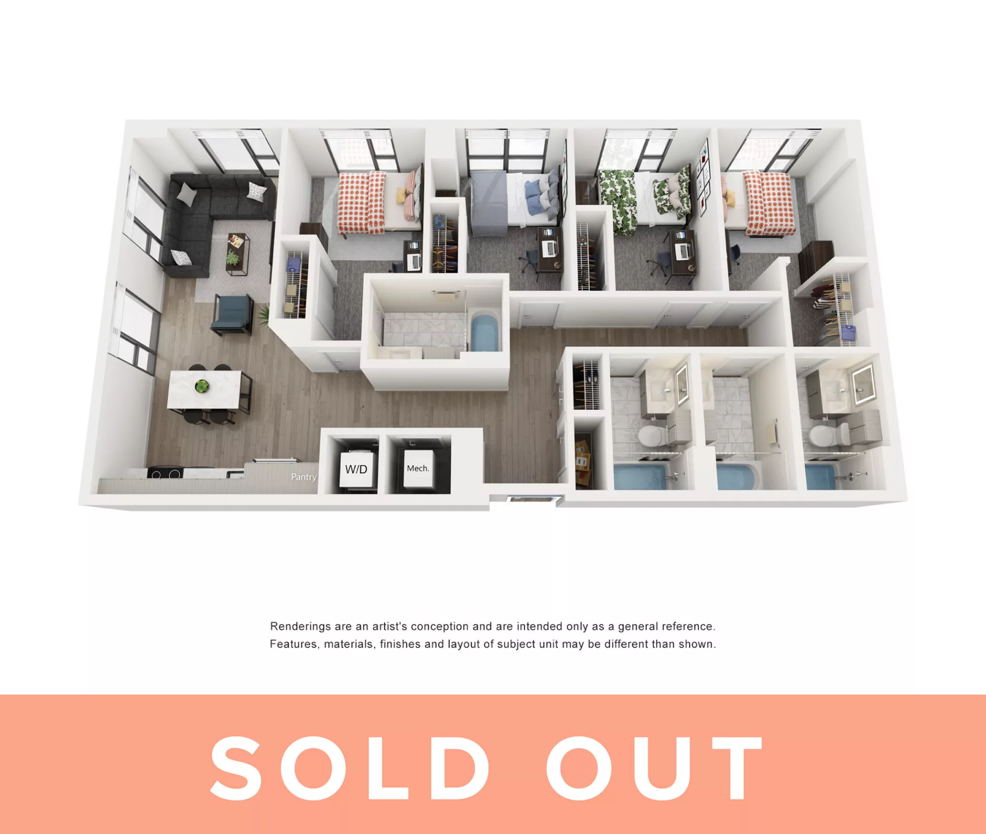 Rendering of the Opal C - 4BR/4BA floor plan with 4 bedroom[s] and 4 bathroom[s] at Lapis