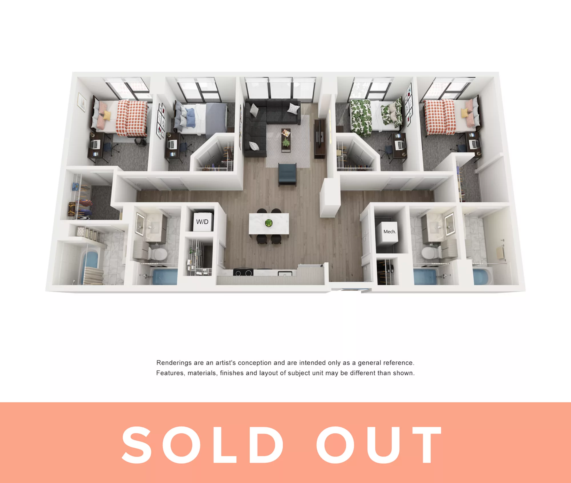 Rendering of the Indigo C- 4BR/4BA floor plan with 4 bedroom[s] and 4 bathroom[s] at Lapis