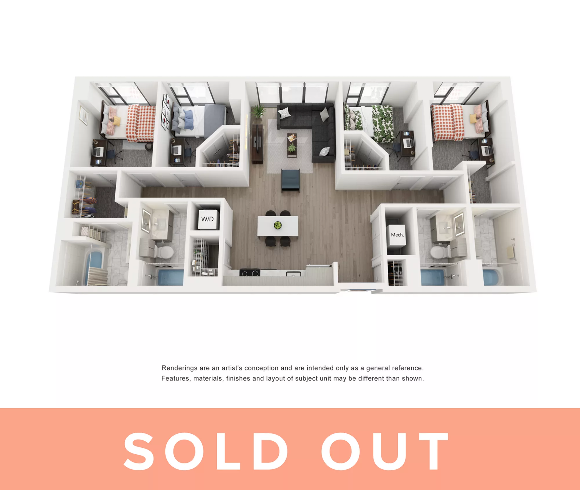 Rendering of the Indigo B - 4BR/4BA floor plan with 4 bedroom[s] and 4 bathroom[s] at Lapis