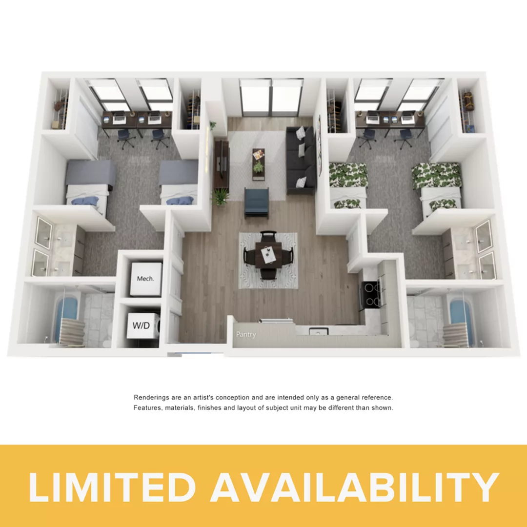 Rendering of the Emerald- 2BR/2BA- Shared Room floor plan with 2 bedroom[s] and 2 bathroom[s] at Lapis