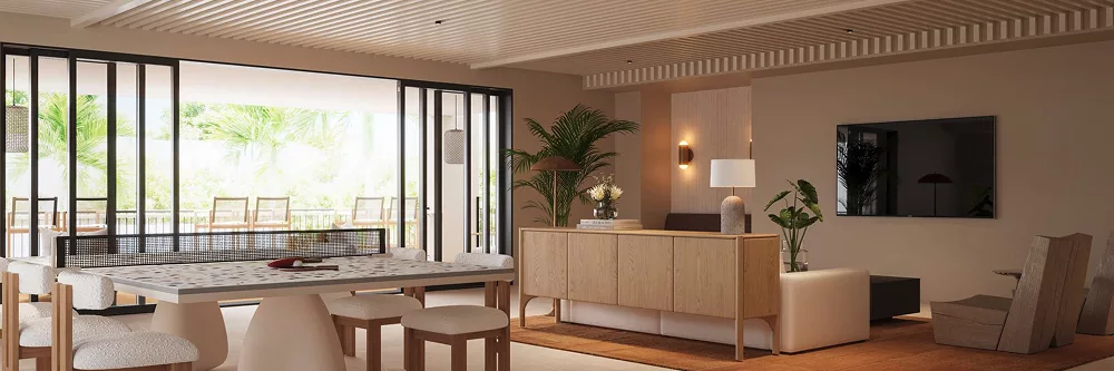 Contemporary living room with chairs, TV, and glass doors