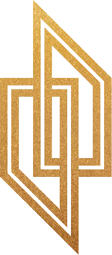 Geometric gold emblem with interlocking angular shapes forming a symmetrical abstract design.