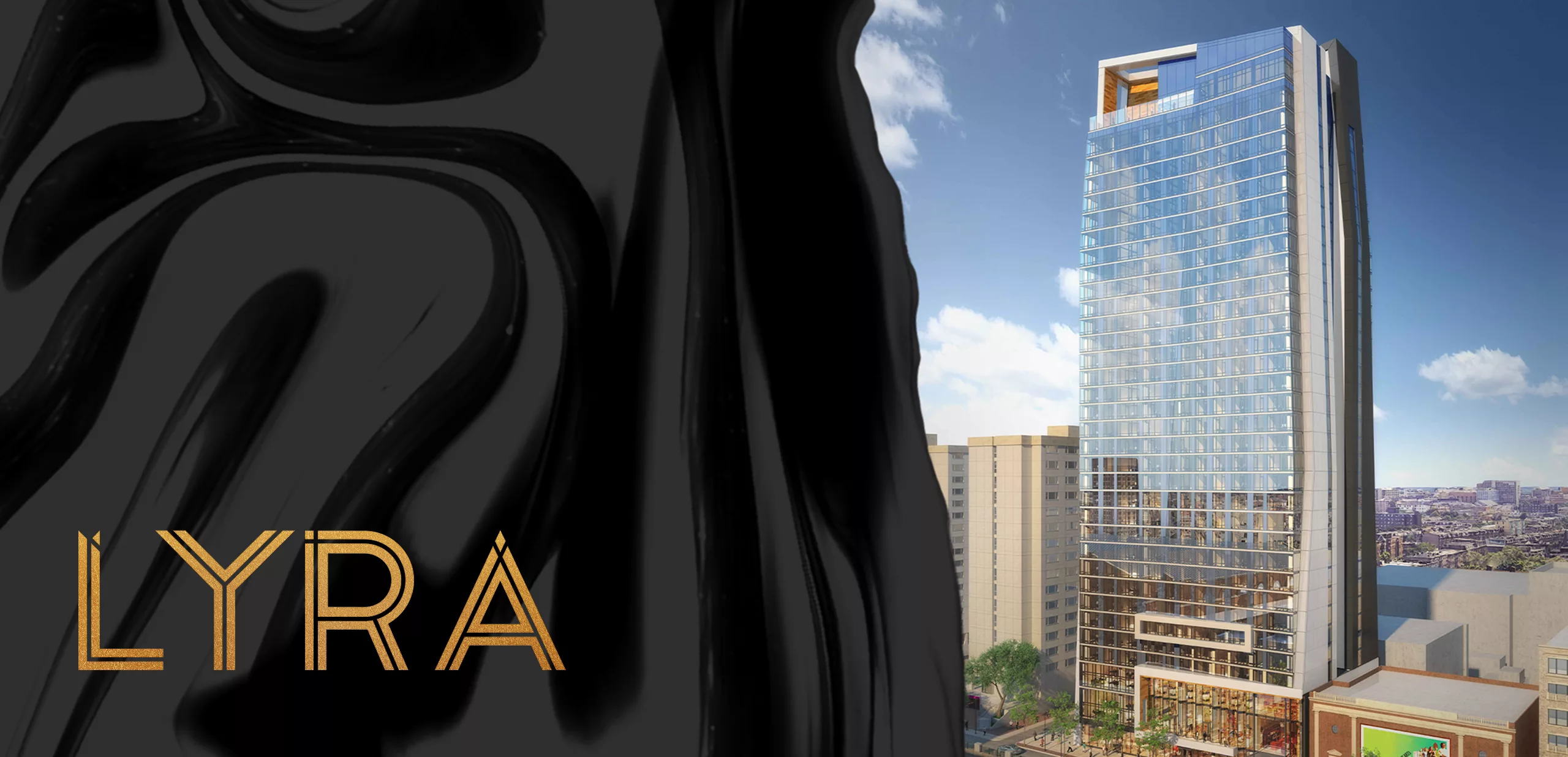 Modern glass high-rise labeled “LYRA” beside black abstract design.