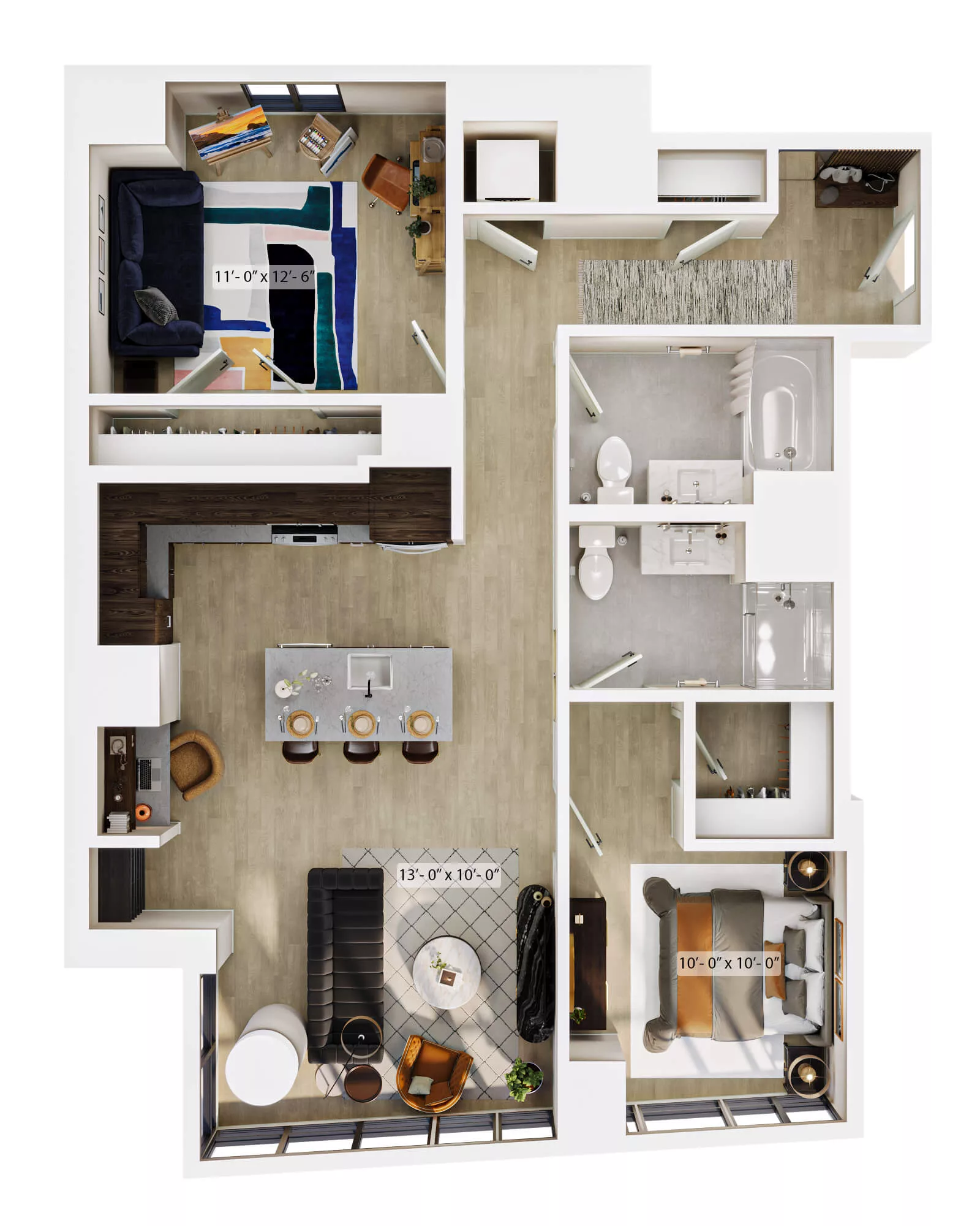 Rendering of the 2 Bed/2 Bath-B3 floor plan with 2 bedroom[s] and 2 bathroom[s] at Lyra