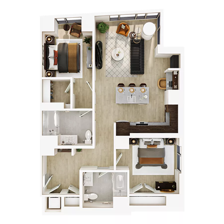 Rendering of the 2 Bed/2 Bath-B9 floor plan with 2 bedroom[s] and 2 bathroom[s] at Lyra