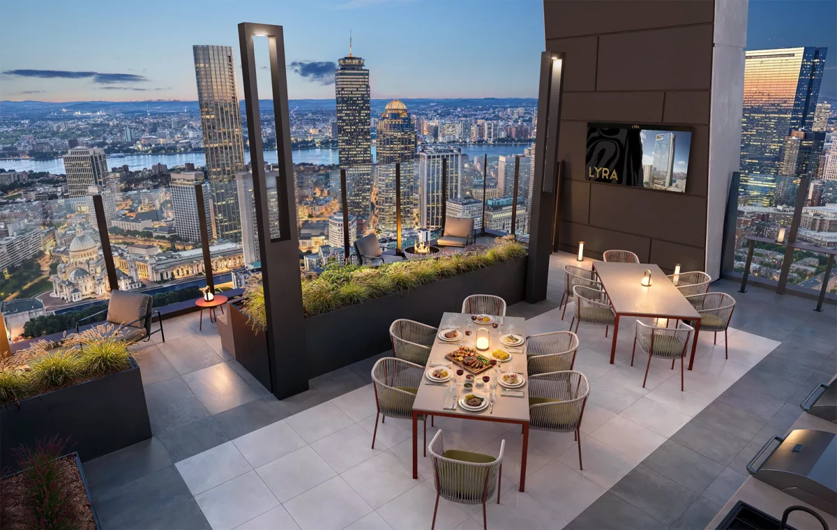 Rooftop terrace with dining tables, fire features, and panoramic city skyline