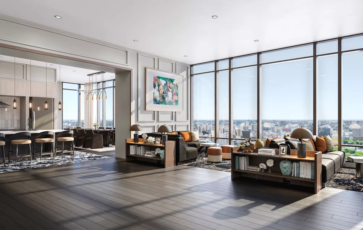 Skylounge with seating areas, large windows, and expansive city views