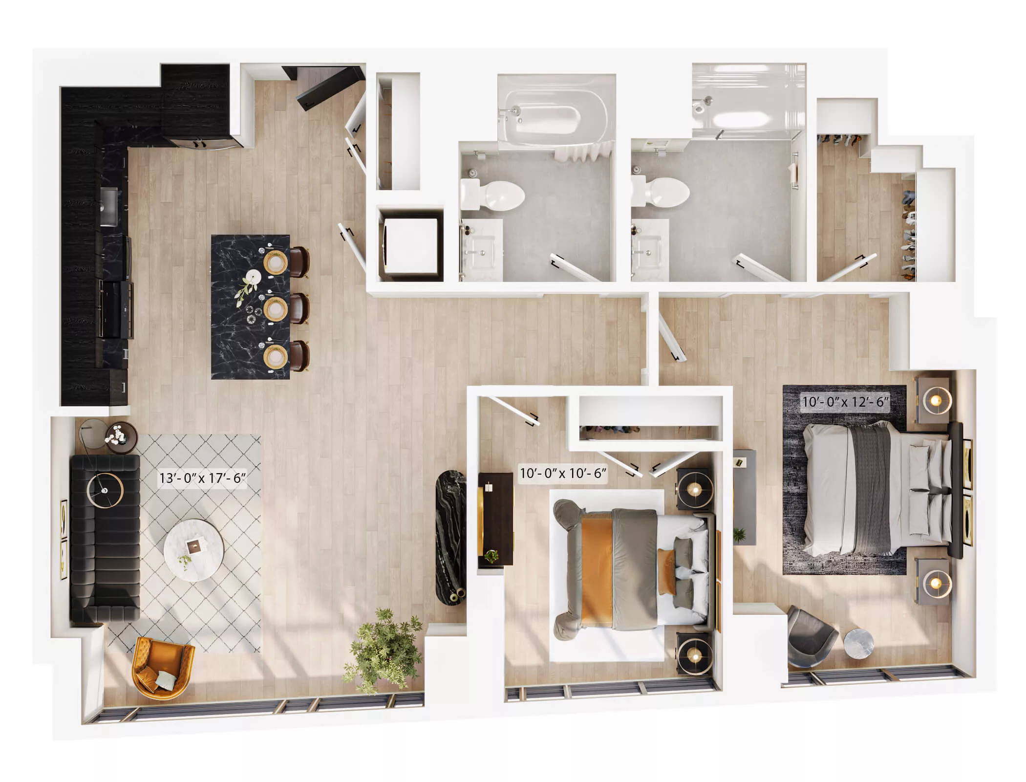 Rendering of the 2 Bed/2 Bath-PH-B3 floor plan with 2 bedroom[s] and 2 bathroom[s] at Lyra