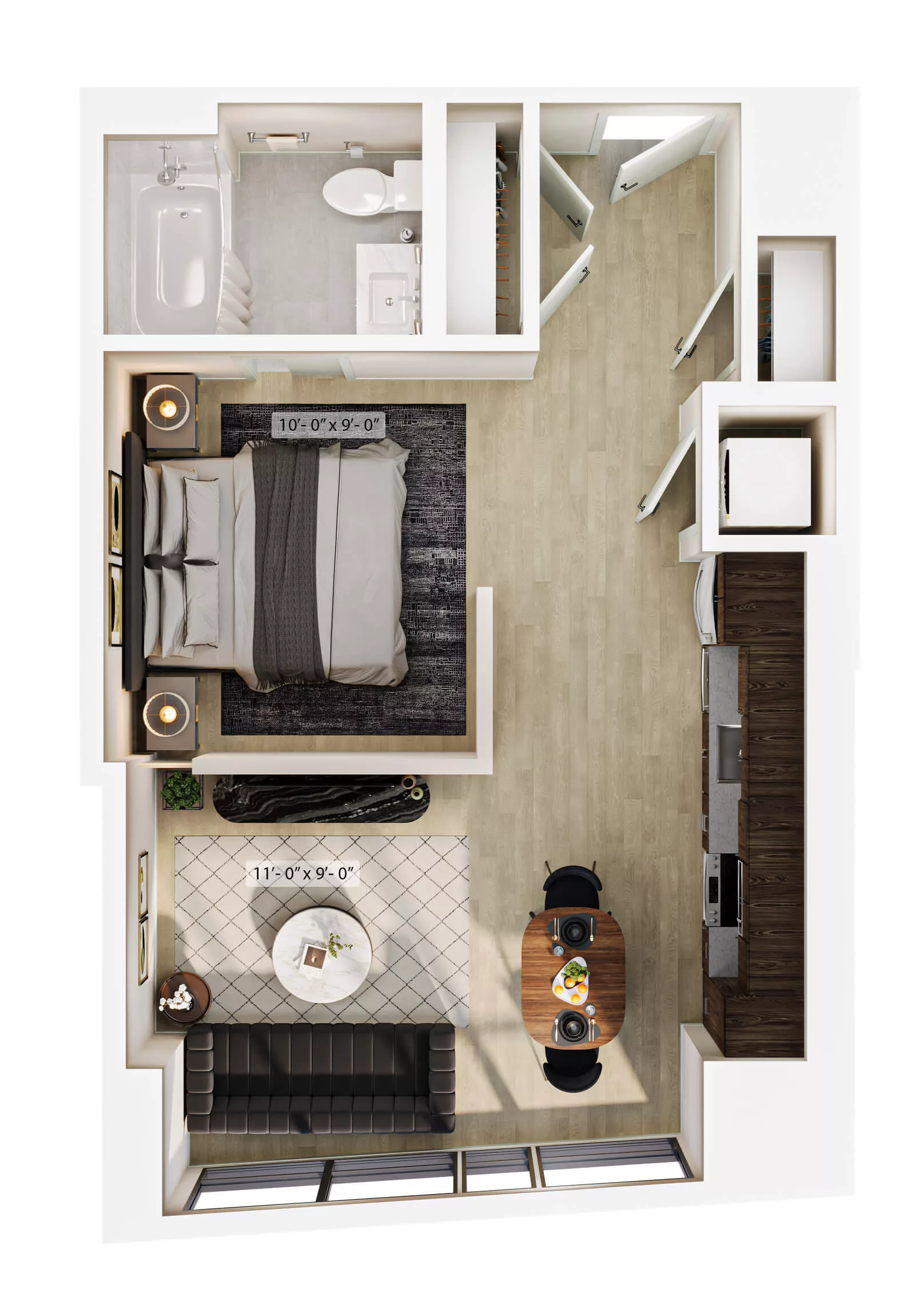 Rendering of the Studio-S4 floor plan with a Studio bedroom and 1 bathroom[s] at Lyra