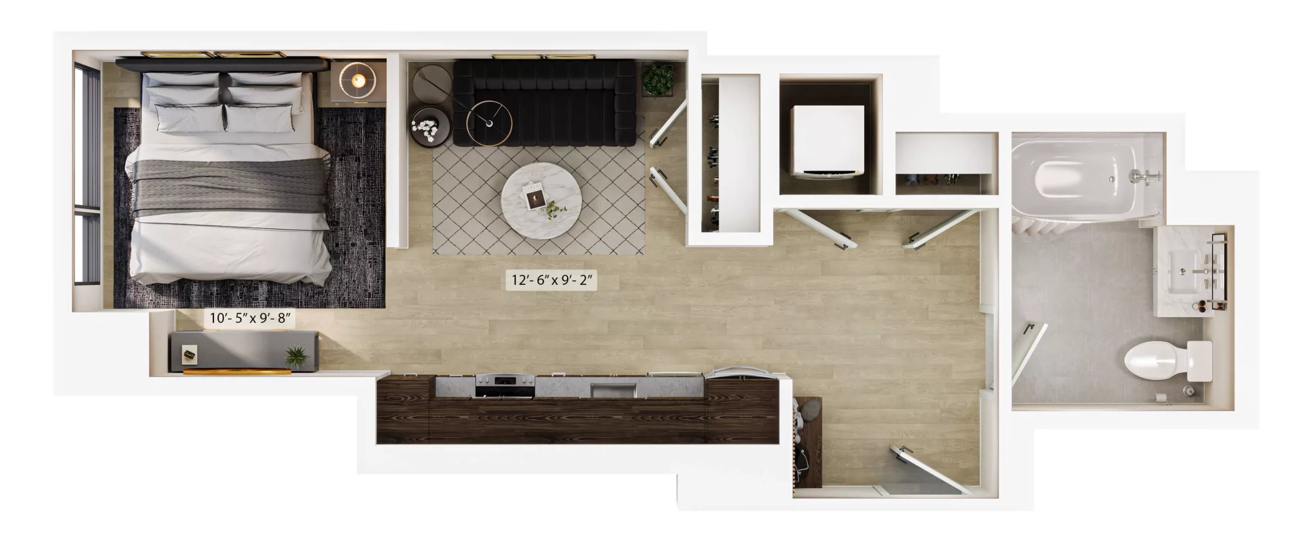 Rendering of the Studio-S1 ADA floor plan with a Studio bedroom and 1 bathroom[s] at Lyra