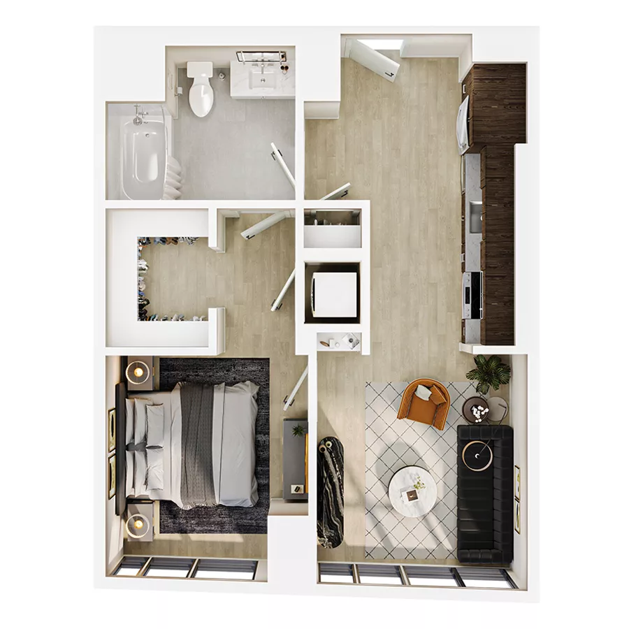 Rendering of the 1 Bed/1 Bath-A9 floor plan with 1 bedroom[s] and 1 bathroom[s] at Lyra