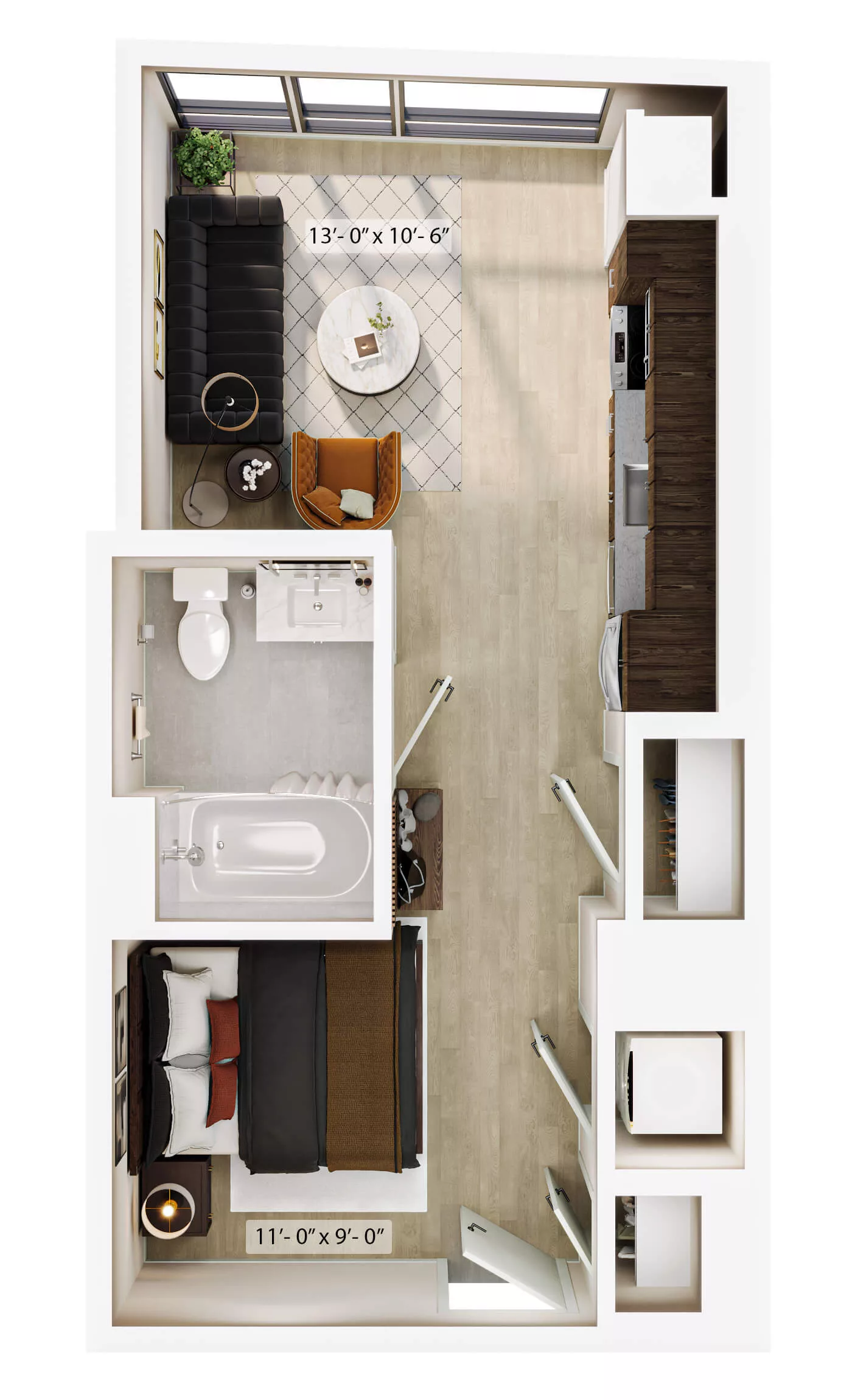 Rendering of the Studio-S3 floor plan with a Studio bedroom and 1 bathroom[s] at Lyra