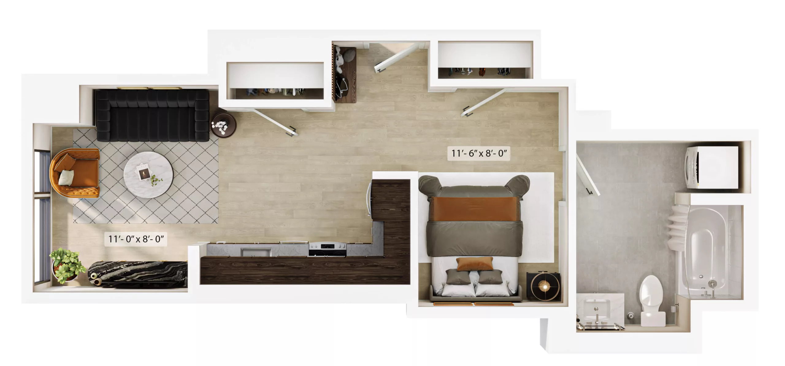Rendering of the Studio-S2 floor plan with a Studio bedroom and 1 bathroom[s] at Lyra