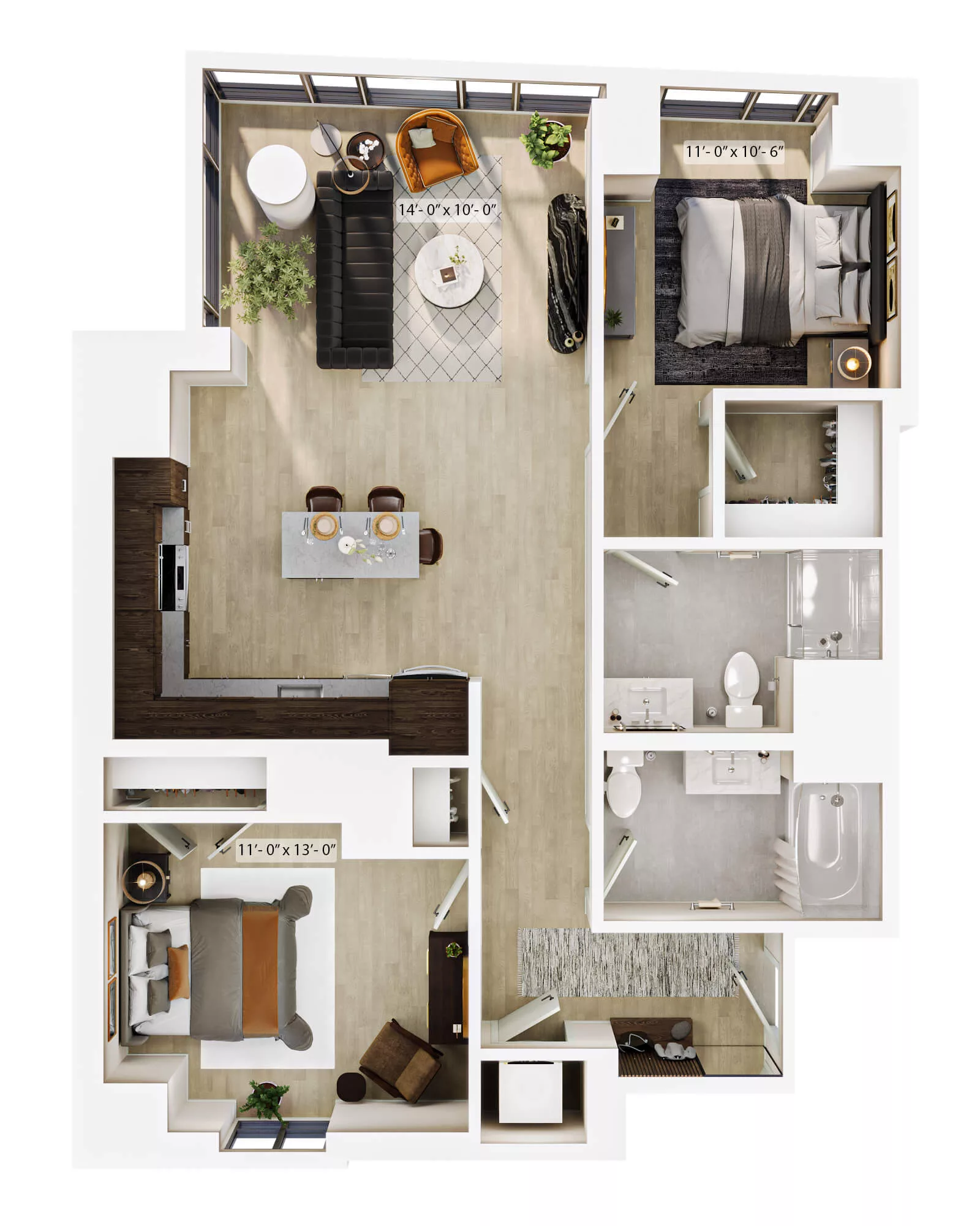 Rendering of the 2 Bed/2 Bath-B5 floor plan with 2 bedroom[s] and 2 bathroom[s] at Lyra