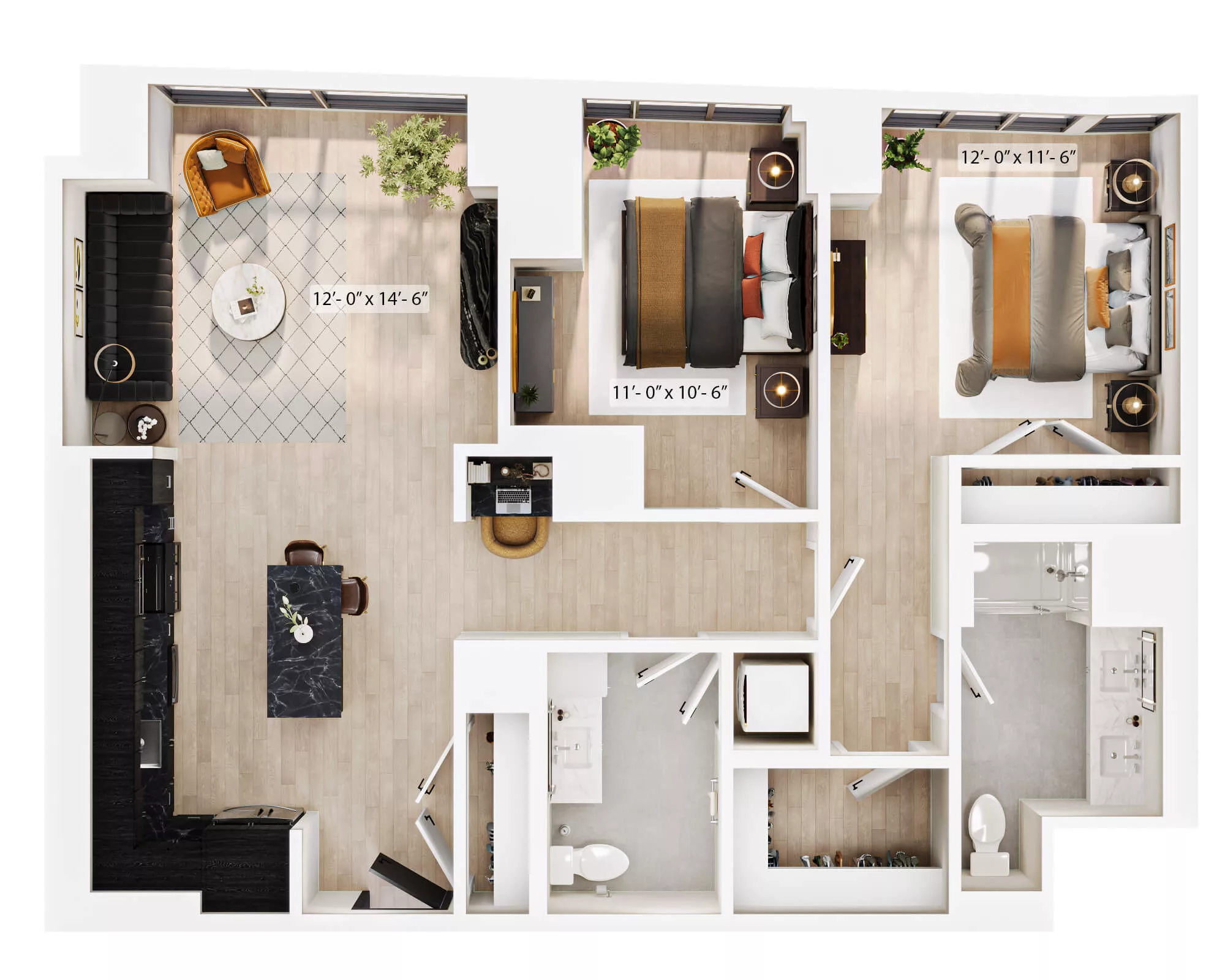 Rendering of the 1 Bed/1 Bath Den-PH-A1D floor plan with 1 bedroom[s] and 1 bathroom[s] at Lyra