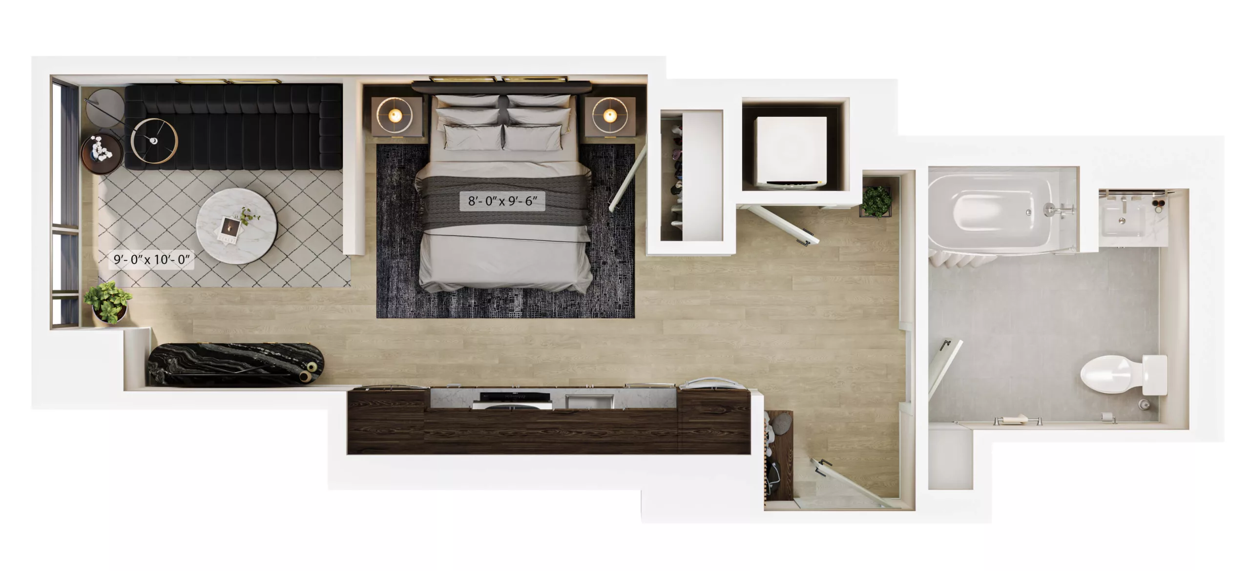 Rendering of the Studio-S5 ADA floor plan with a Studio bedroom and 1 bathroom[s] at Lyra
