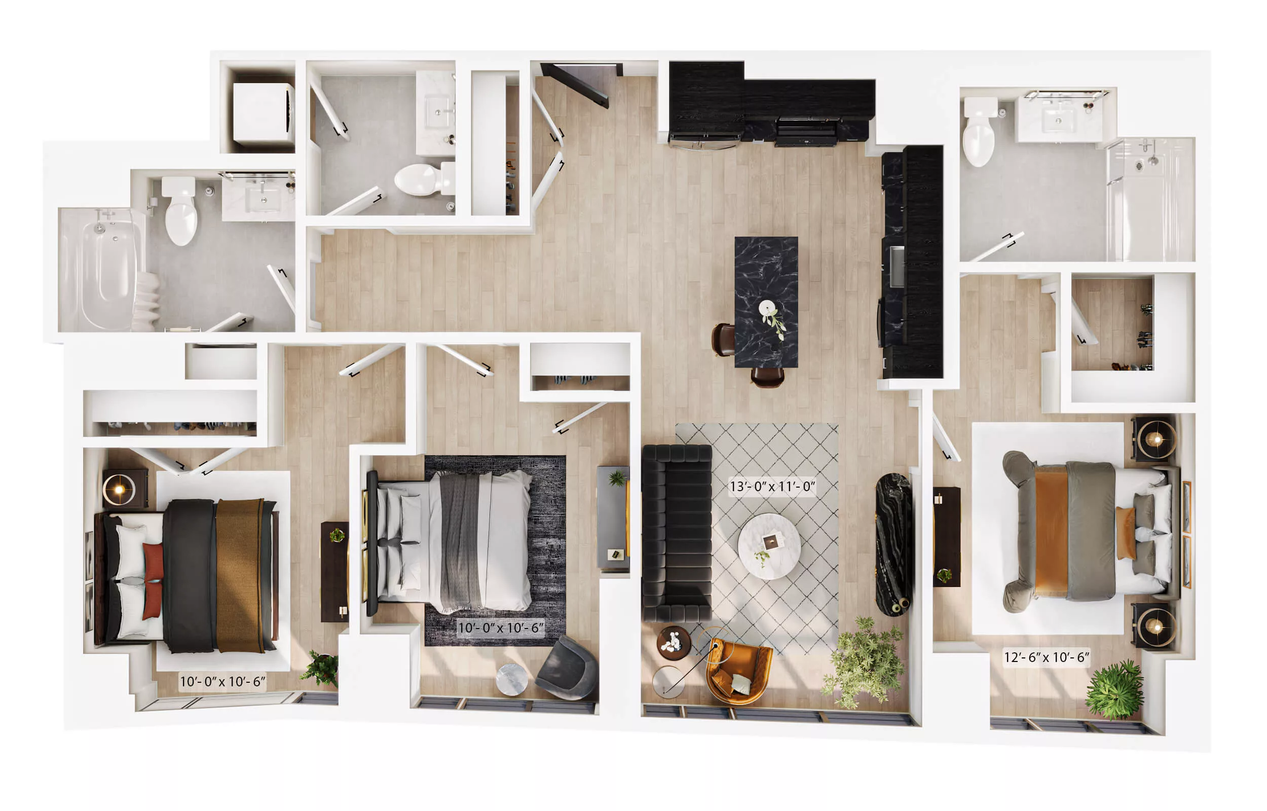 Rendering of the 3 Bed/3 Bath-PH-B6 floor plan with 3 bedroom[s] and 3 bathroom[s] at Lyra