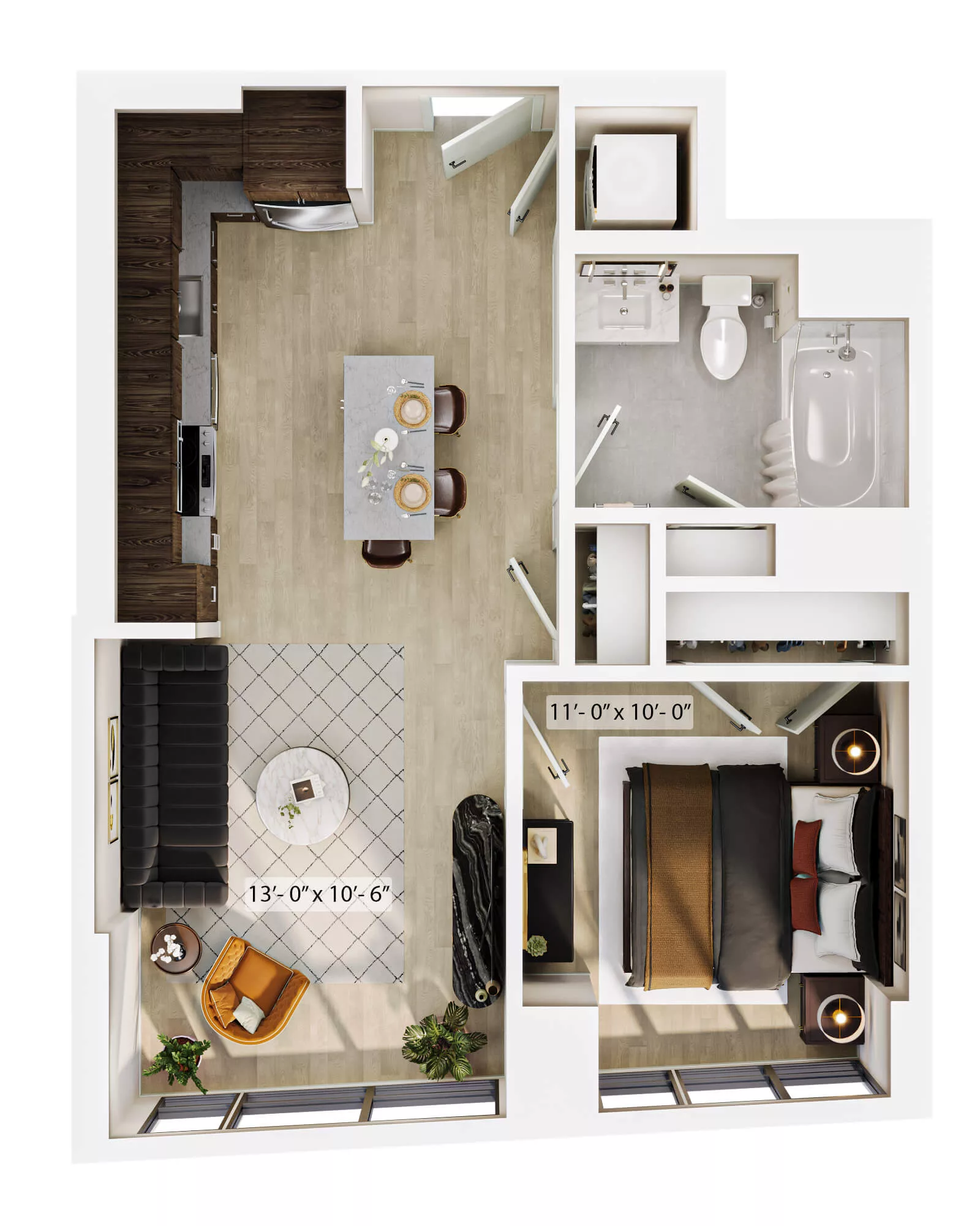 Rendering of the 1 Bed/1 Bath-A2 floor plan with 1 bedroom[s] and 1 bathroom[s] at Lyra