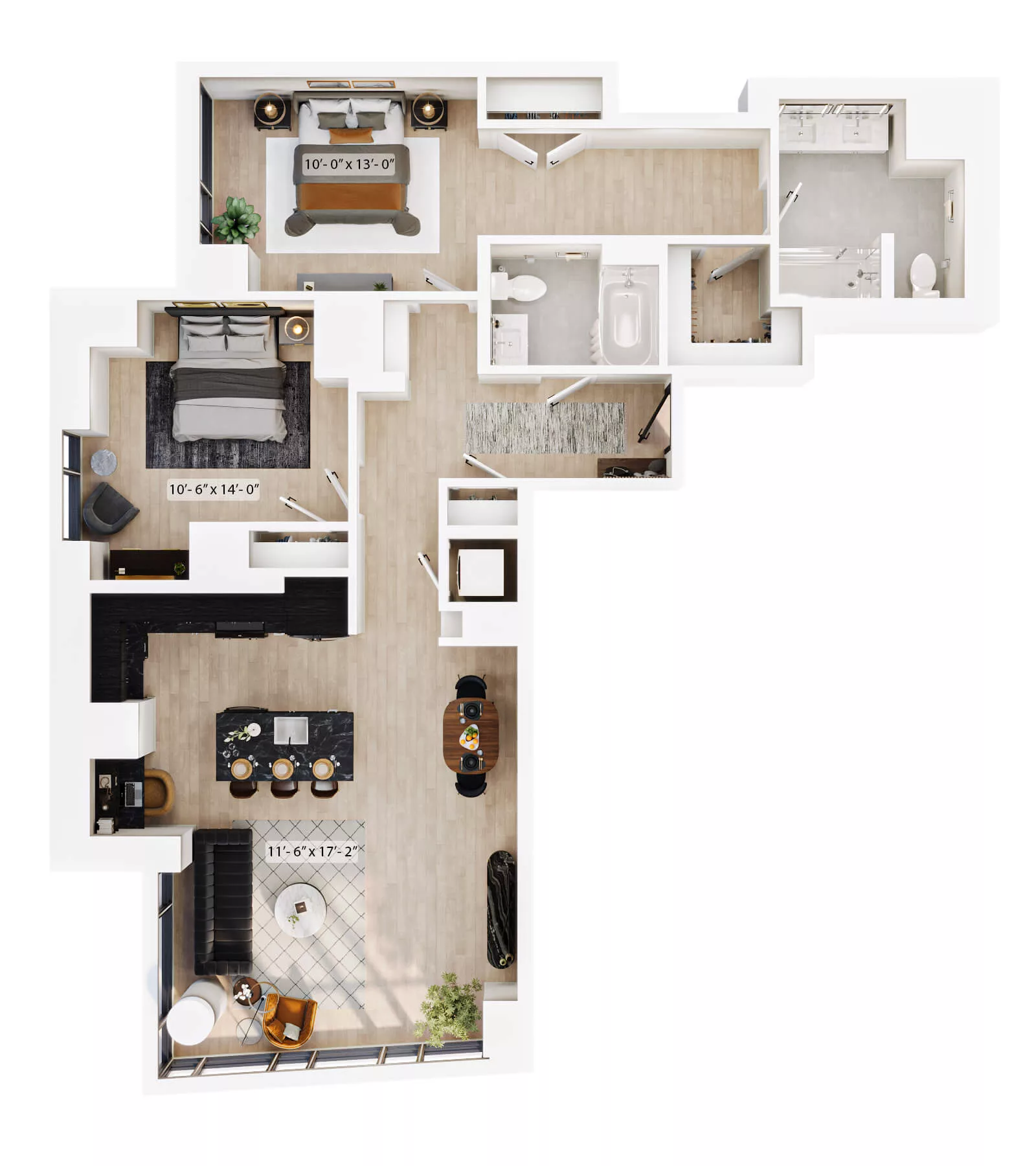 Rendering of the 2 Bed/2 Bath-PH-B4 floor plan with 2 bedroom[s] and 2 bathroom[s] at Lyra