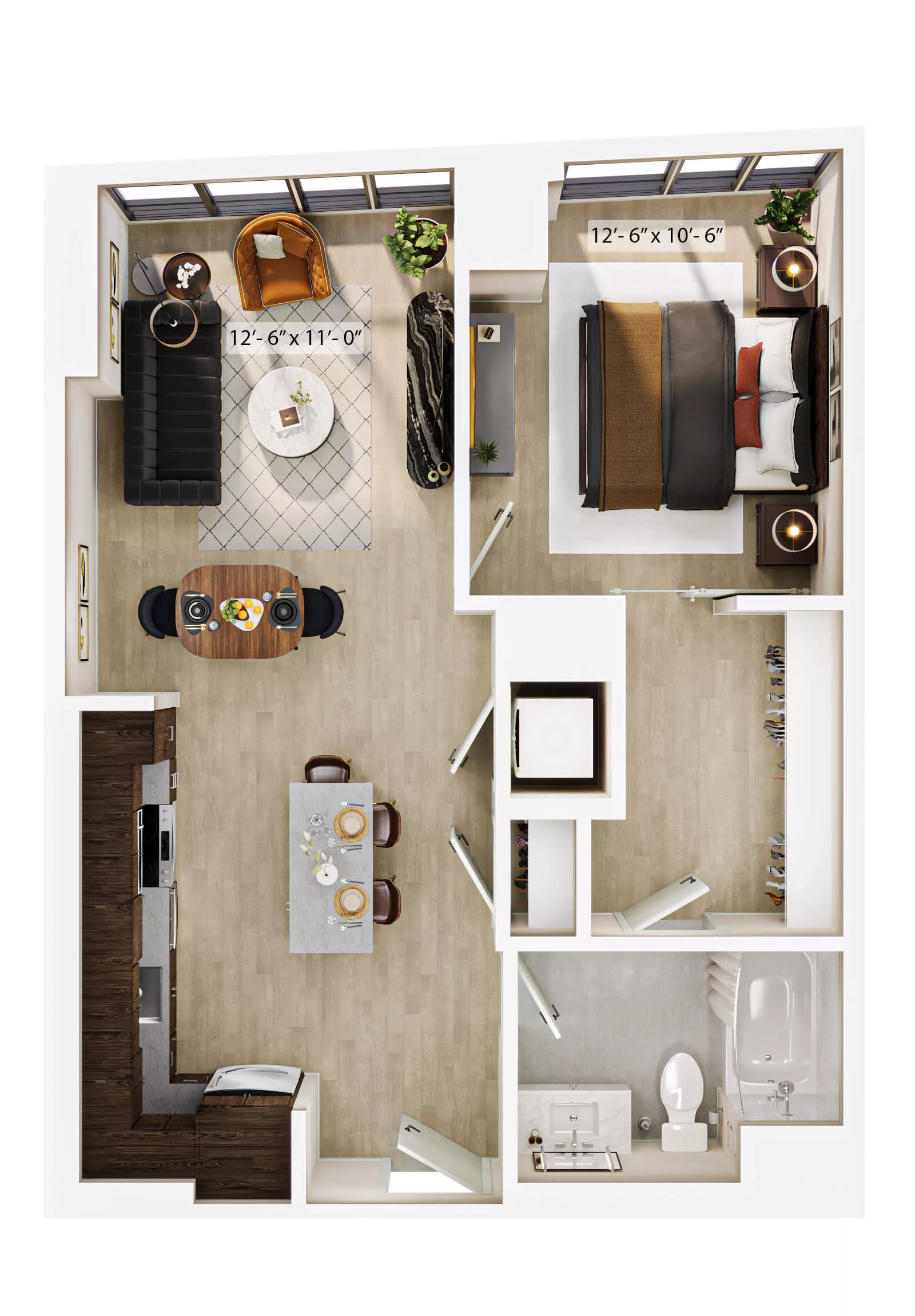 Rendering of the 1 Bed/1 Bath-A5 ADA floor plan with 1 bedroom[s] and 1 bathroom[s] at Lyra