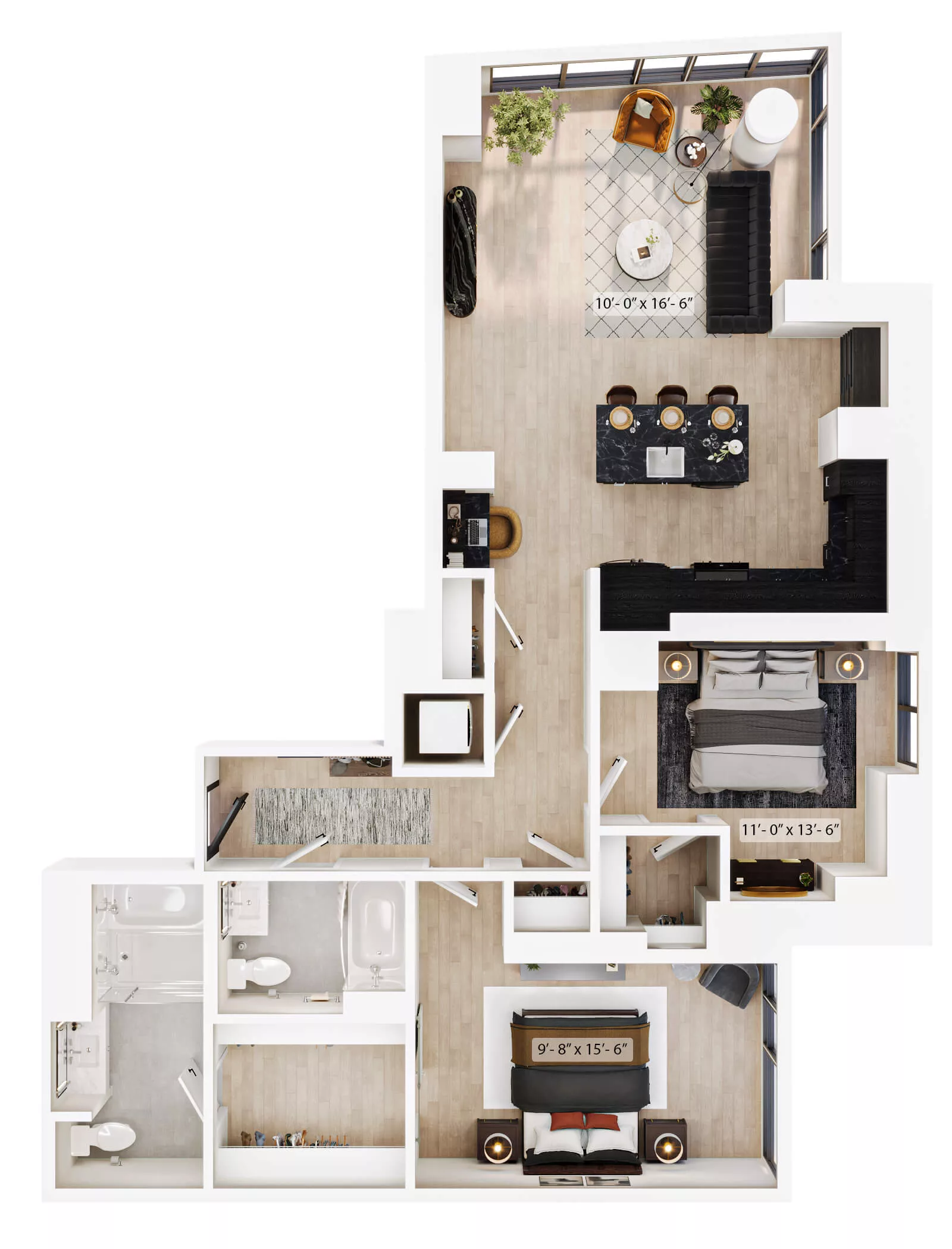 Rendering of the 2 Bed/2 Bath-PH-B1 floor plan with 2 bedroom[s] and 2 bathroom[s] at Lyra