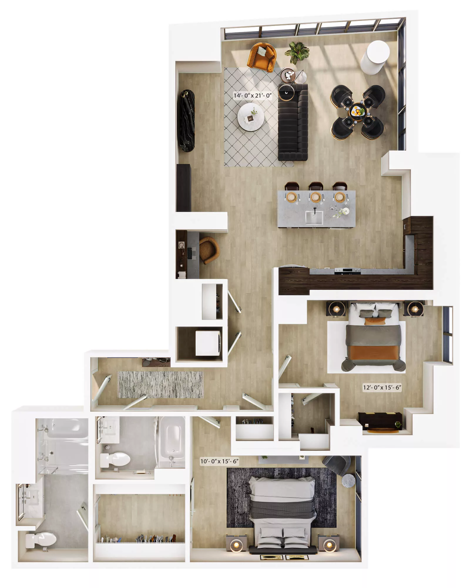 Rendering of the 2 Bed/2 Bath-B7 floor plan with 2 bedroom[s] and 2 bathroom[s] at Lyra