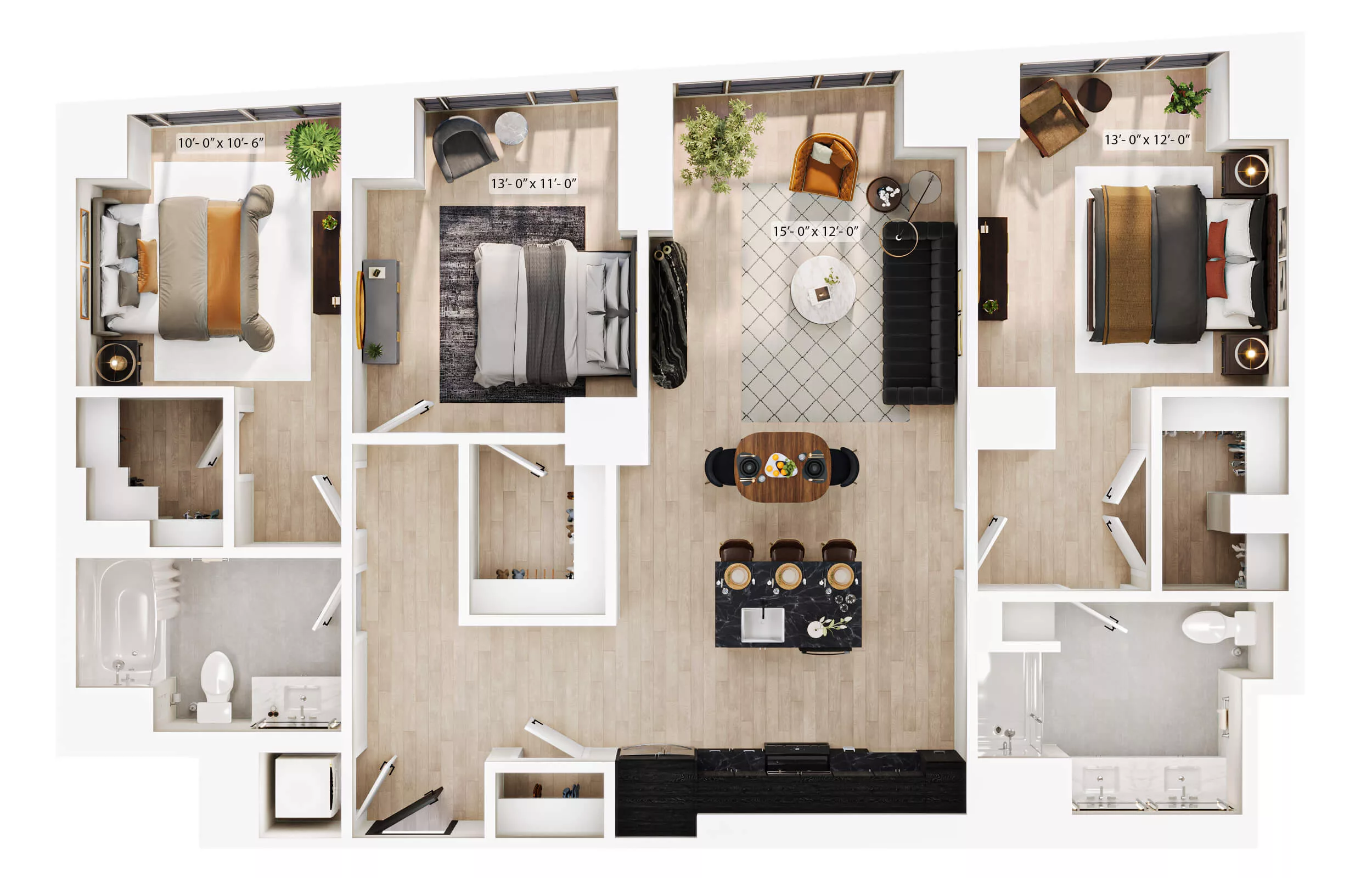 Rendering of the 3 Bed/2 Bath-PH-B7 floor plan with 3 bedroom[s] and 2 bathroom[s] at Lyra