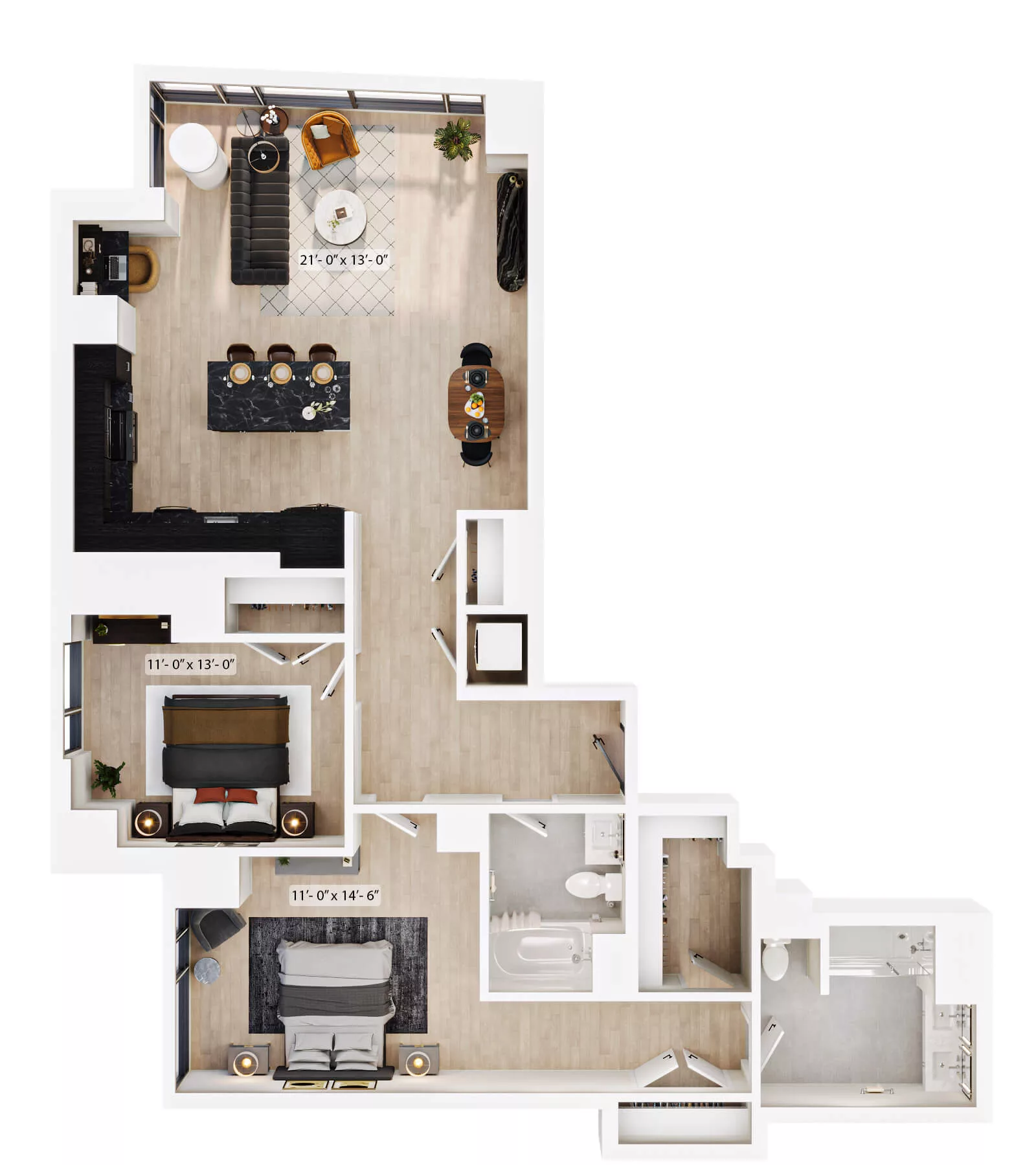 Rendering of the 2 Bed/2 Bath-PH-B5 floor plan with 2 bedroom[s] and 2 bathroom[s] at Lyra
