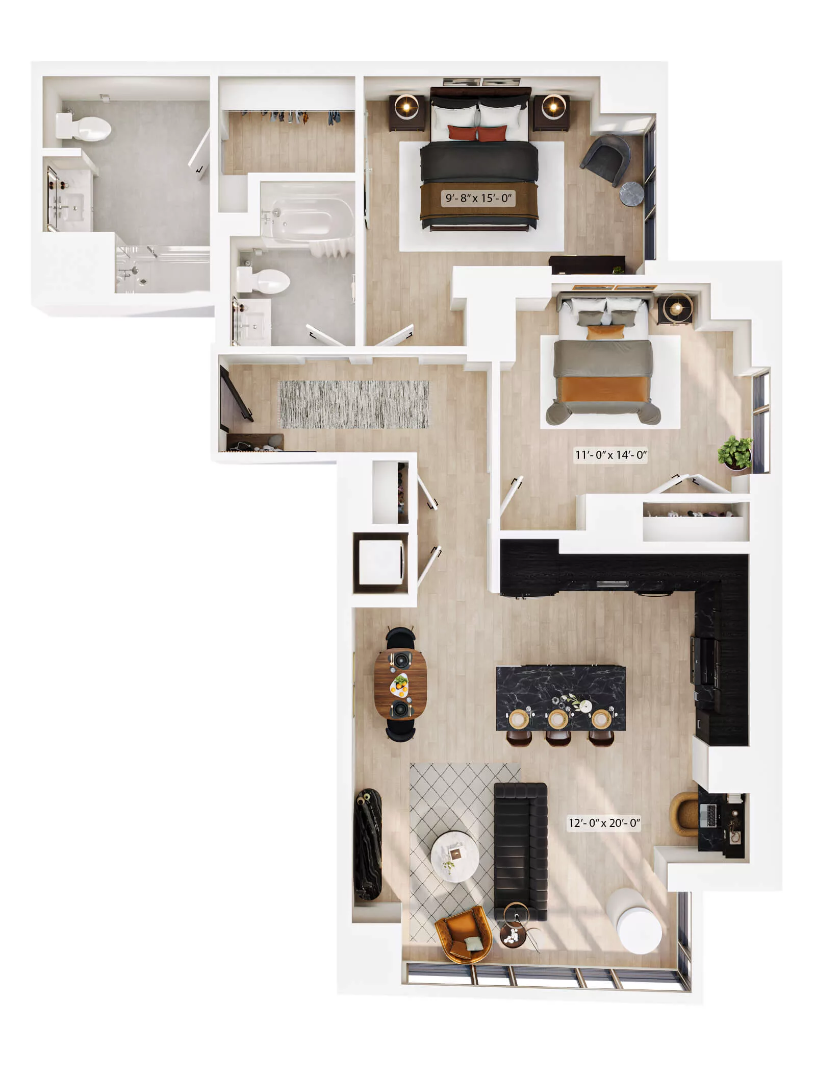 Rendering of the 2 Bed/2 Bath-PH-B2 floor plan with 2 bedroom[s] and 2 bathroom[s] at Lyra